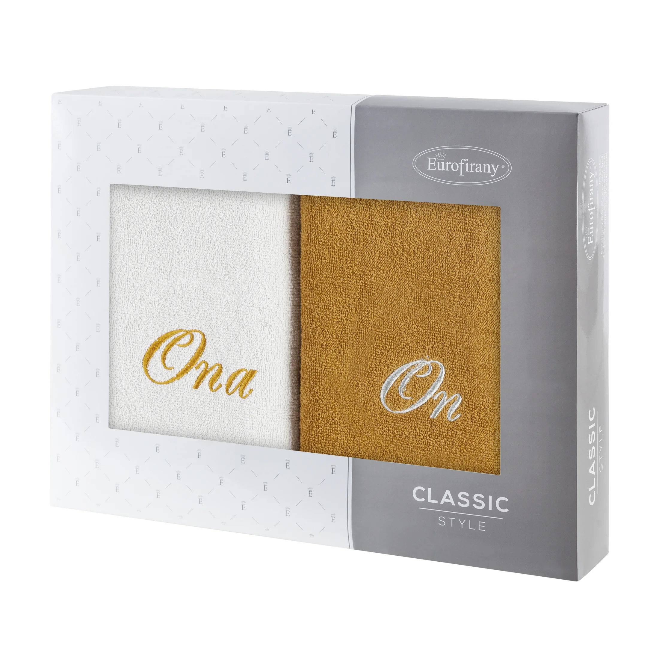 Zestaw ręczników bawełnianych na prezent 2 szt 50x90 cm z haftem ONA I ON kolor srebrny,musztardowy 400 g/m2
