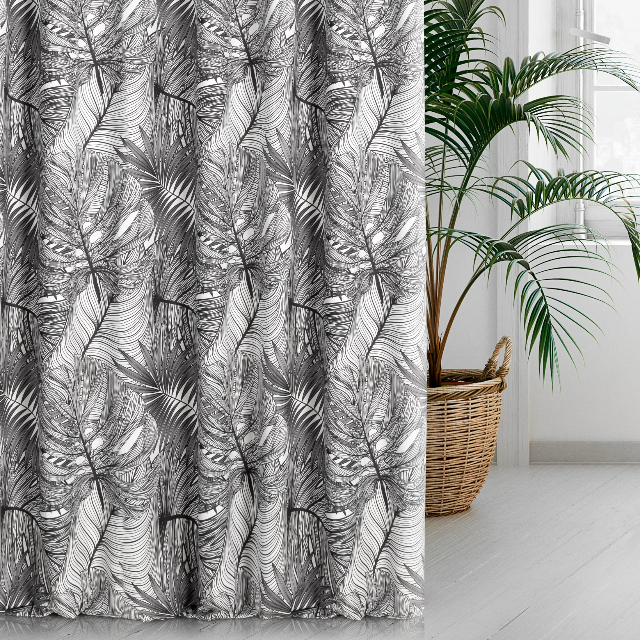 Tkanina zasłonowa zaciemniająca typu dimout, z graficznym nadrukiem liści