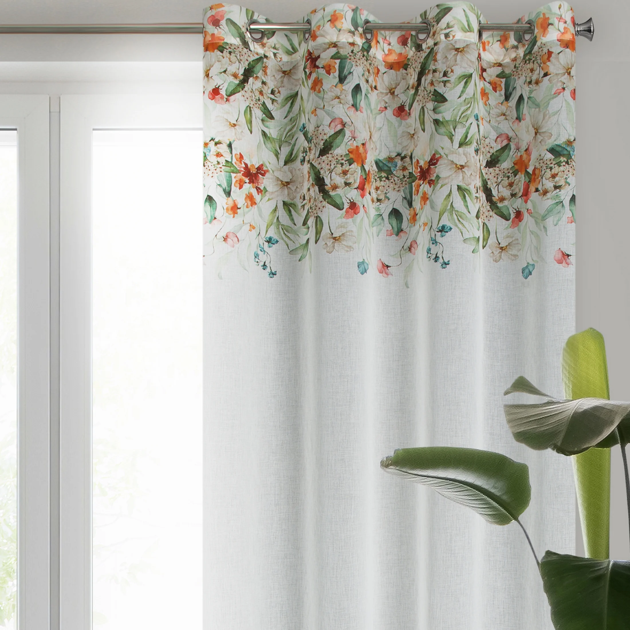 Zasłona biało, zielona z etaminy ze wzorem letnich kwiatów140x250 cm przelotka - LORA | eurofirany