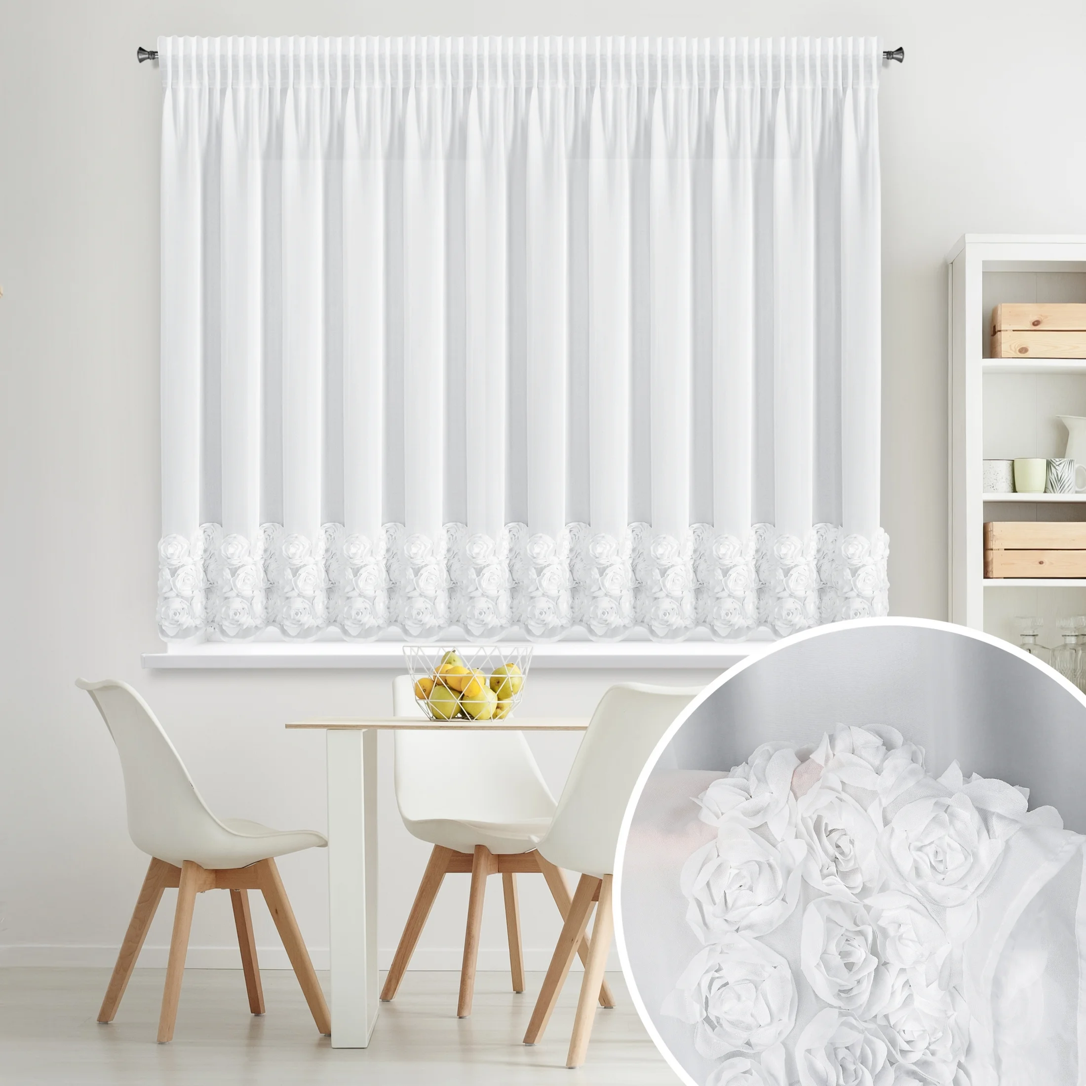 Firana biała z szyfonu zdobiona aplikacją 3D w róże 300x120 cm taśma - ROSES8 - Eva Minge | eurofirany