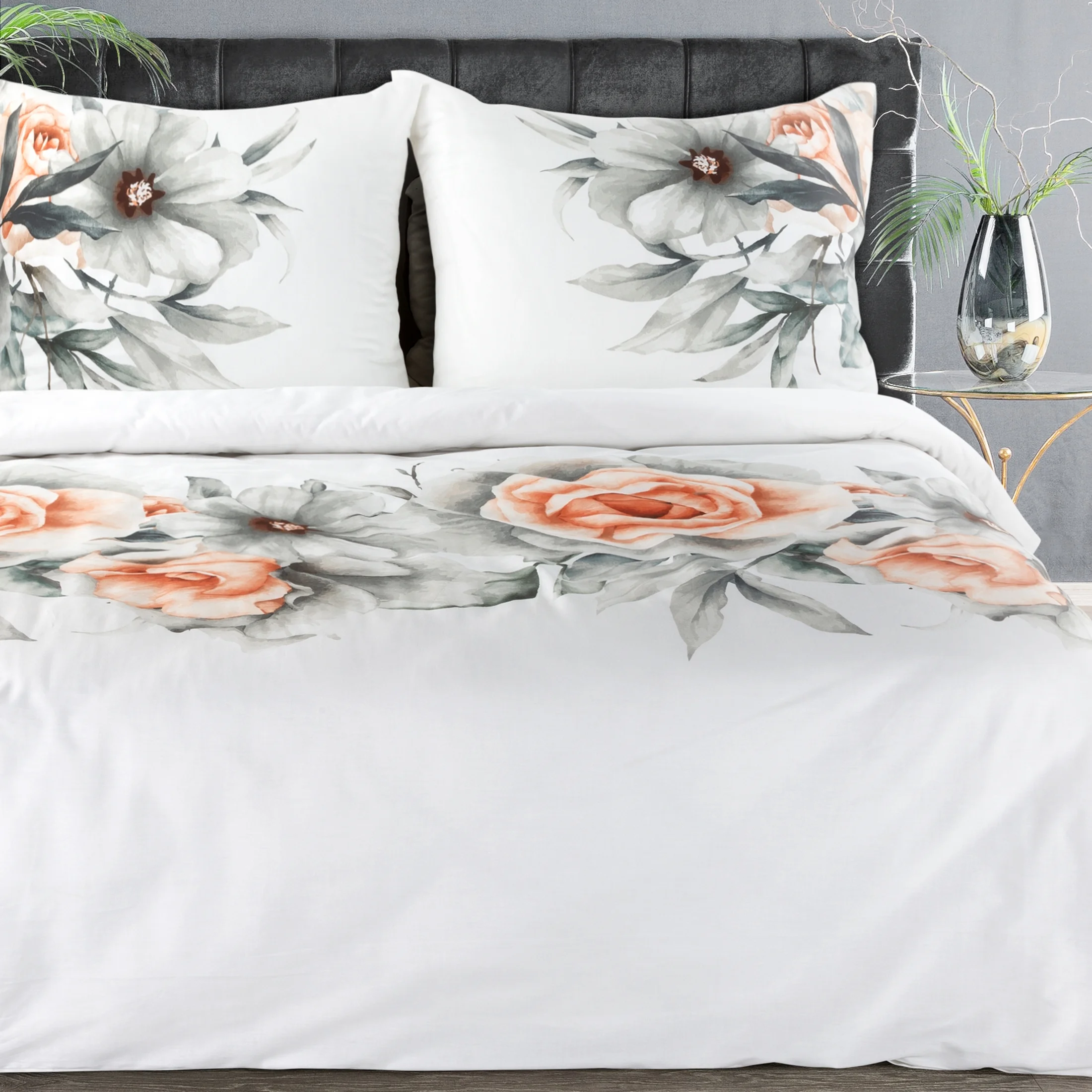 Pościel 220x200 cm bawełniana kolor biały, jasnopomarańczowy zdobiona nadrukiem kwiatów DIVA |