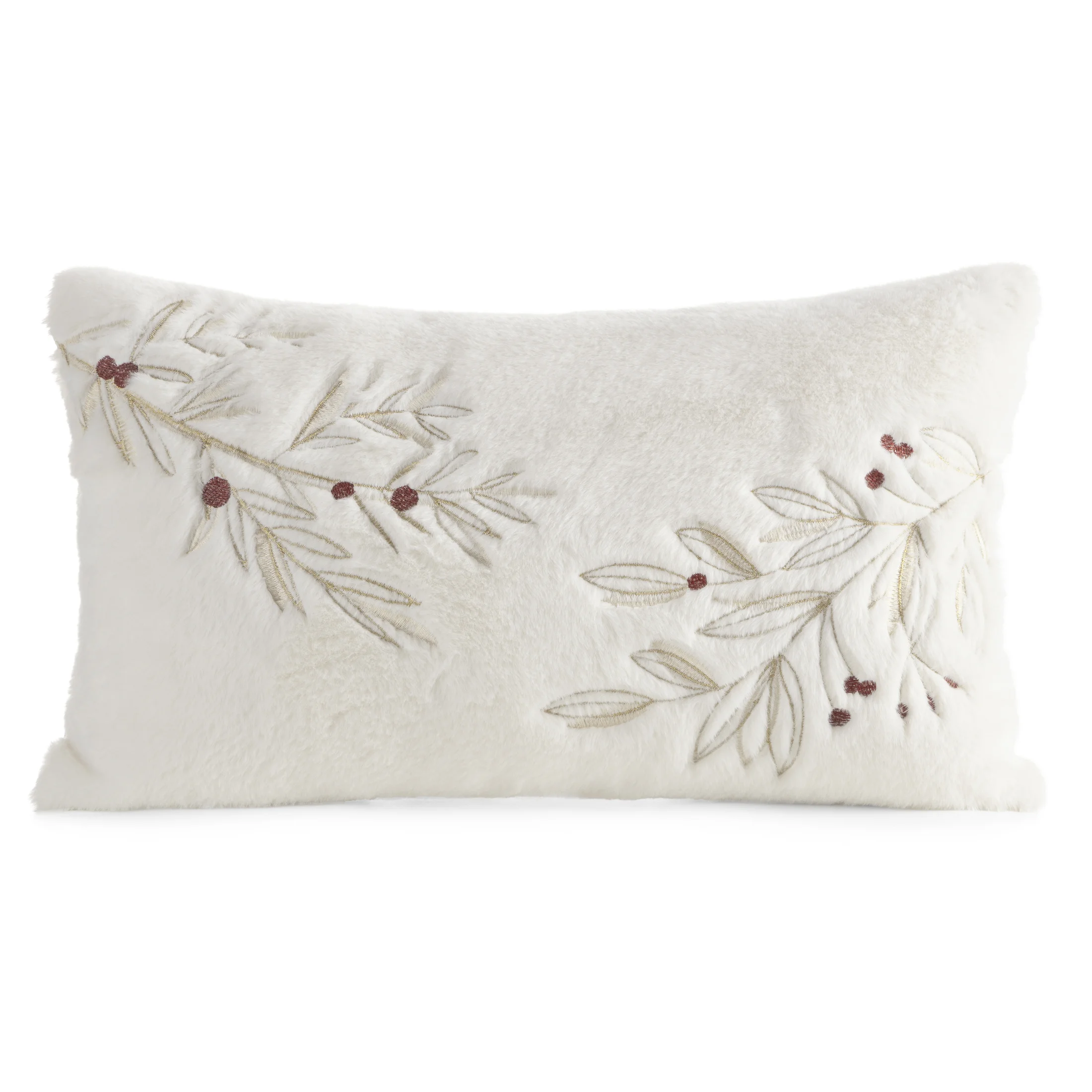 Poszewka na poduszkę świąteczna 30x50 cm kremowo, złota z przyjemnego futerka zdobiona haftem | eurofirany