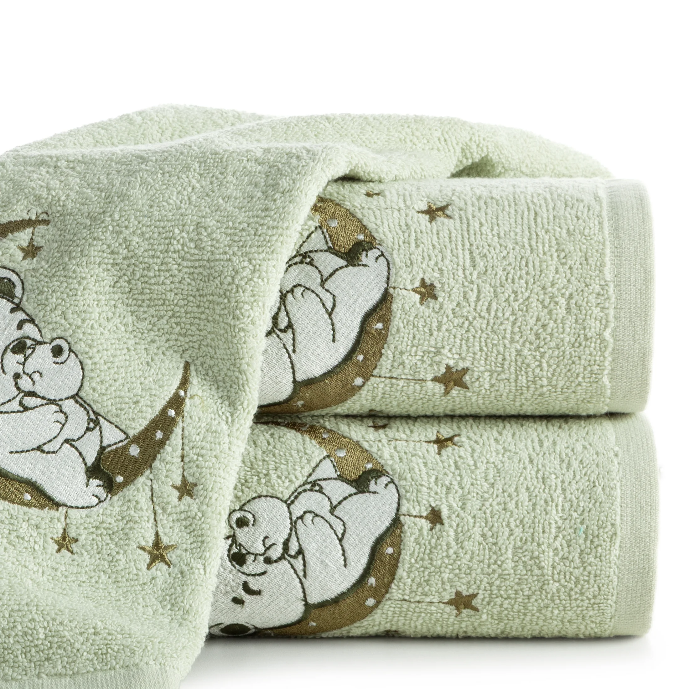 Ręcznik kąpielowy dziecięcy 70x140 cm bawełniany kolor miętowy z aplikacją misia 450 g/m2 BABY 74
