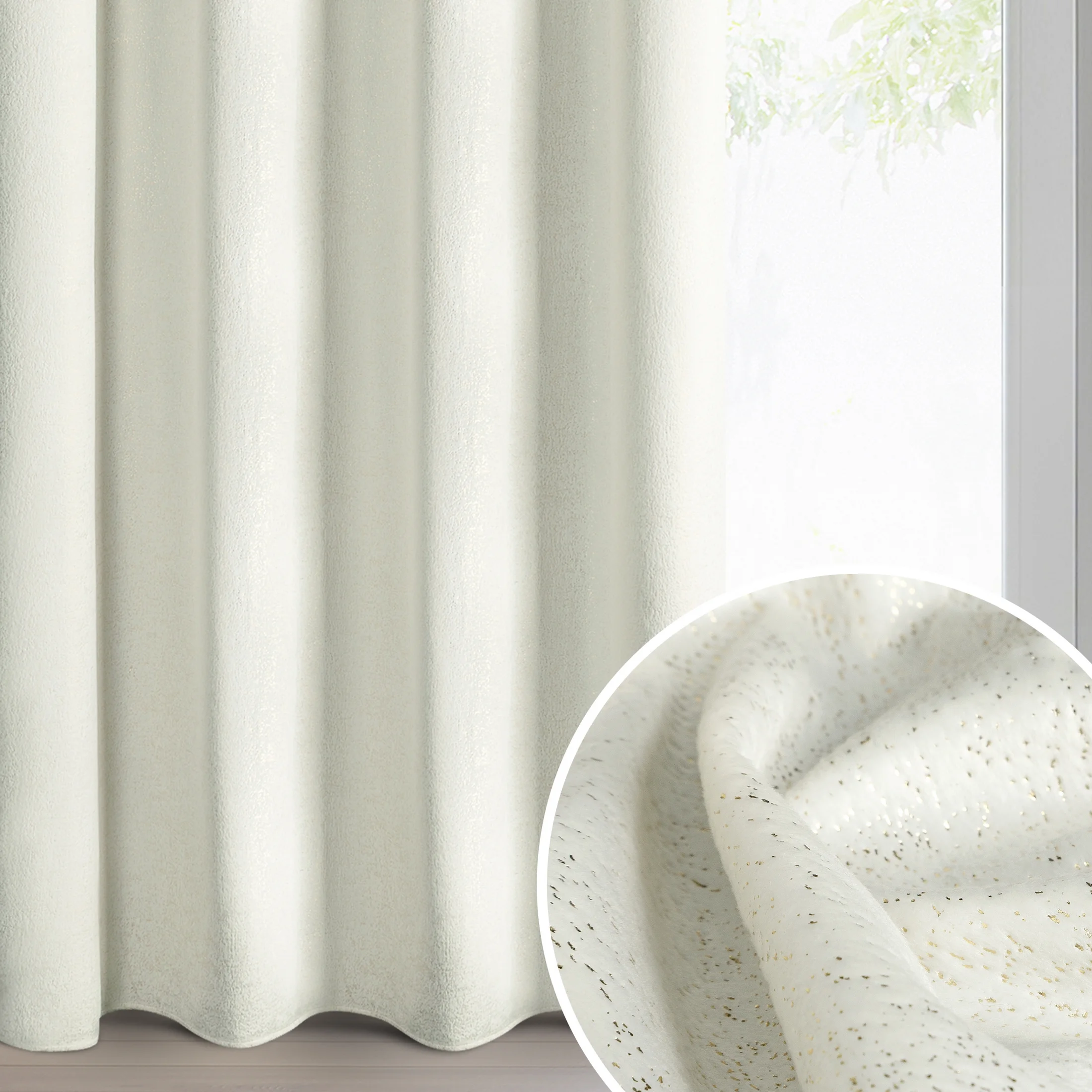 Zasłona kremowo, złota z welwetu zdobiona błyszczącym nadrukiem 135x250 cm złote przelotki - BETHY | eurofirany