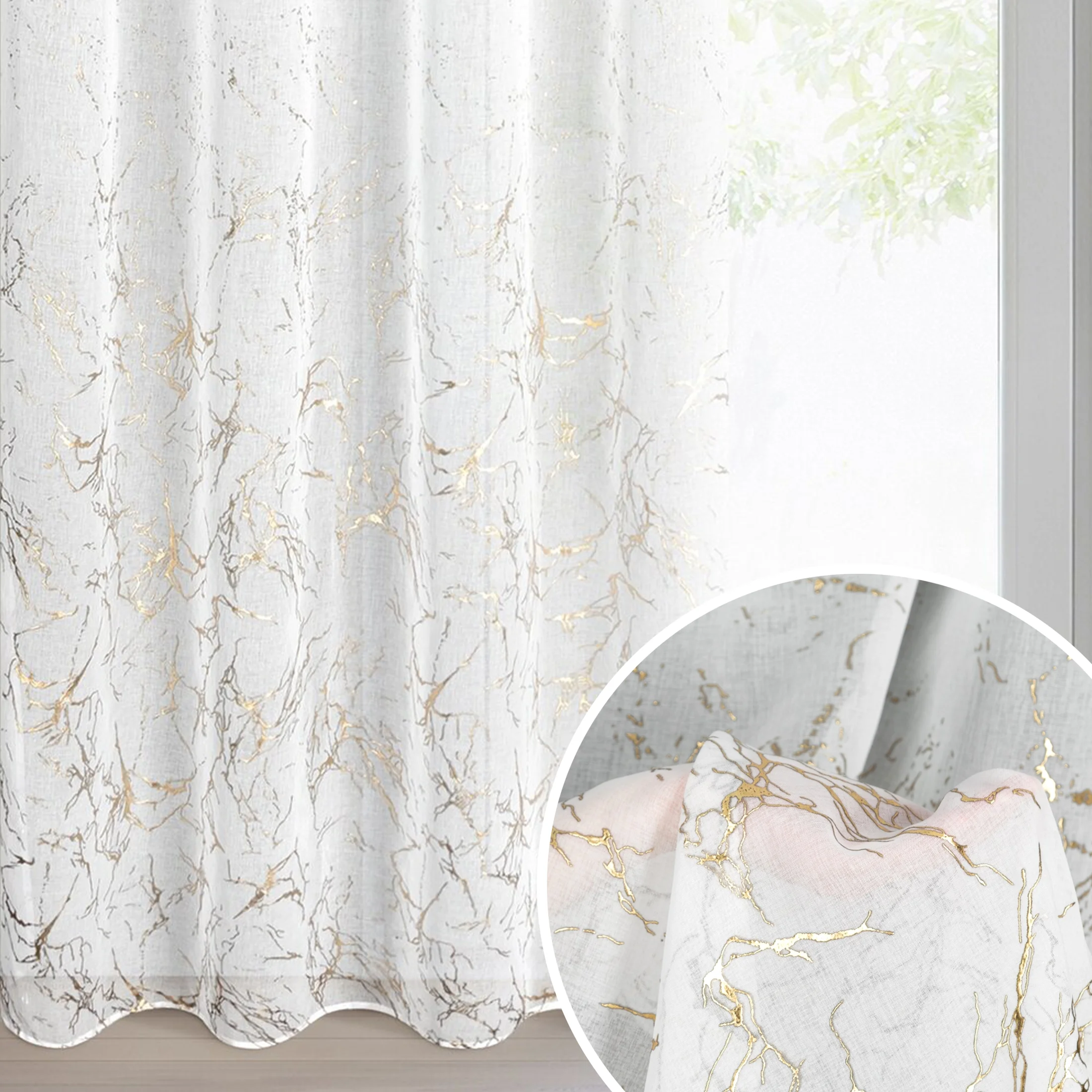 Firana biało, szampańska zdobiona nadrukiem marmurku, 140x250 cm złote przelotki MARTA | eurofirany