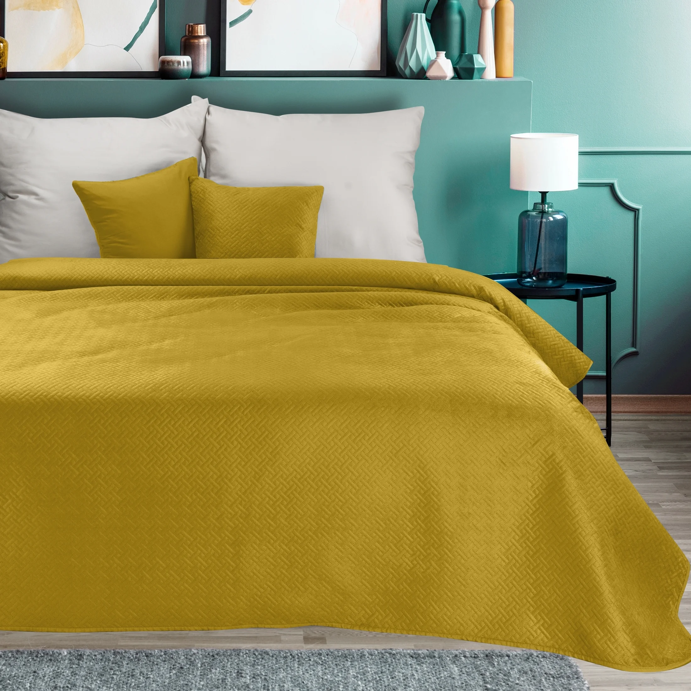 Narzuta welwetowa musztardowa 200x220 cm pikowana metodą hot press wzór geometryczny LUIZ | eurofirany