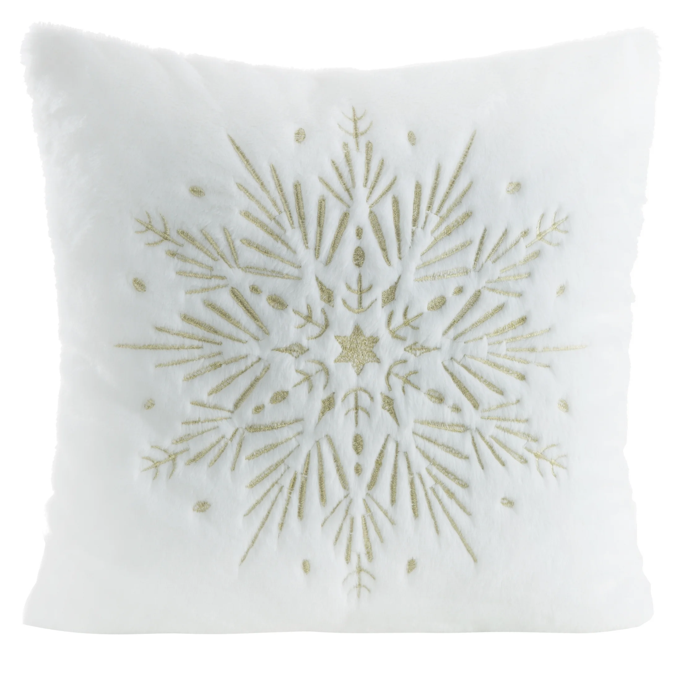 Poszewka na poduszkę świąteczna 45x45 cm biało, szampańska z przyjemnego futerka zdobiona haftem śnieżynki | eurofirany