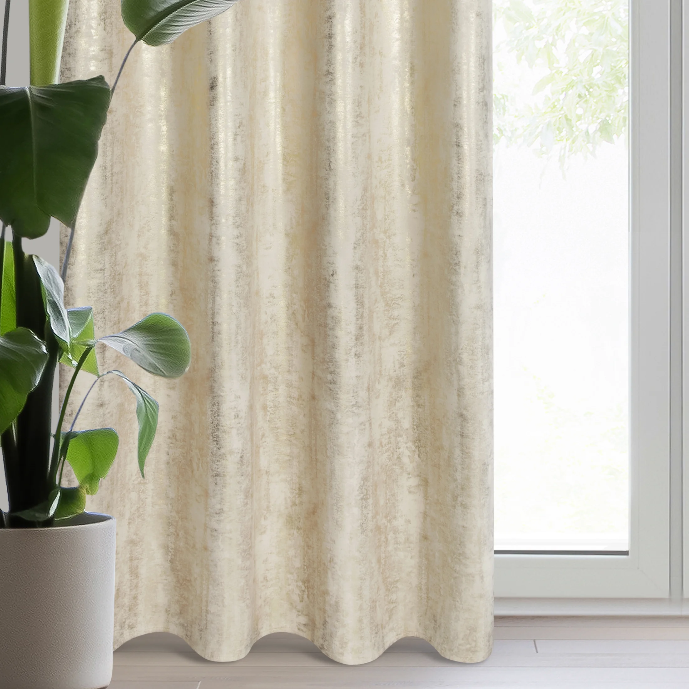 Zasłona welwetowa jasnobeżowo, złota zdobiona przecieranym wzorem 140x270 cm taśma - RENIA