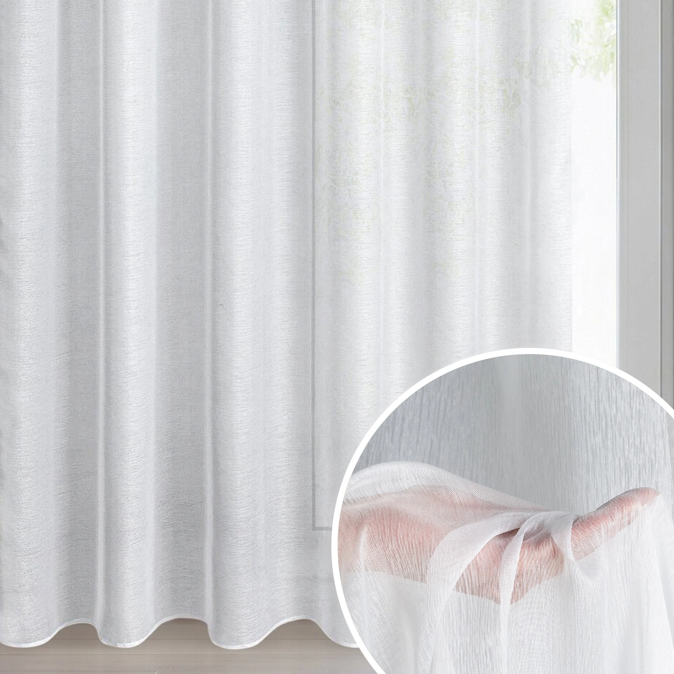 Firana biała o strukturze drobnego deszczyku wzór poziomy 300x270 cm taśma REBECCA | eurofirany