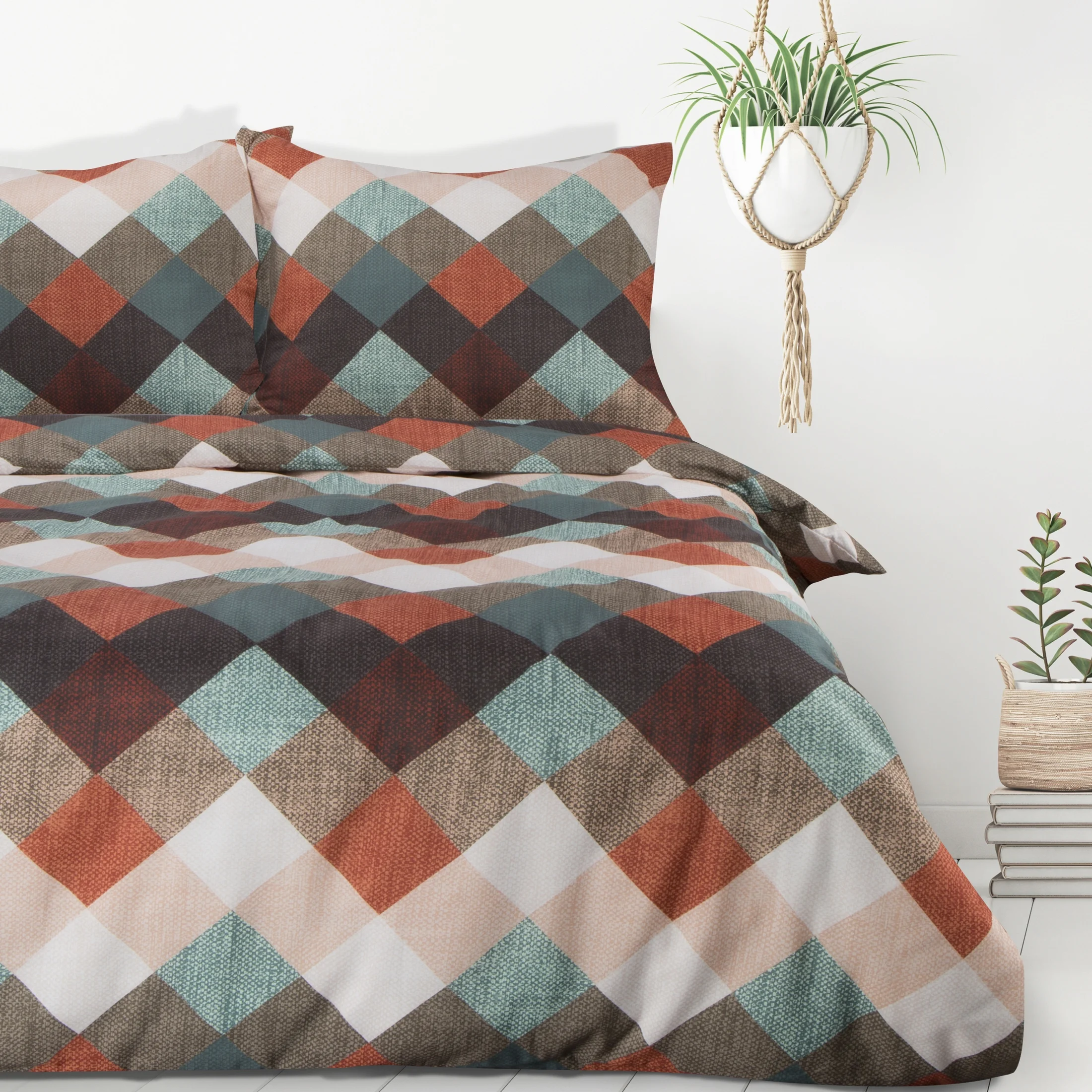 Pościel 220x200 cm kolor brązowy, miętowy z nadrukiem geometrycznym ALEXA Design 91 | eurofirany