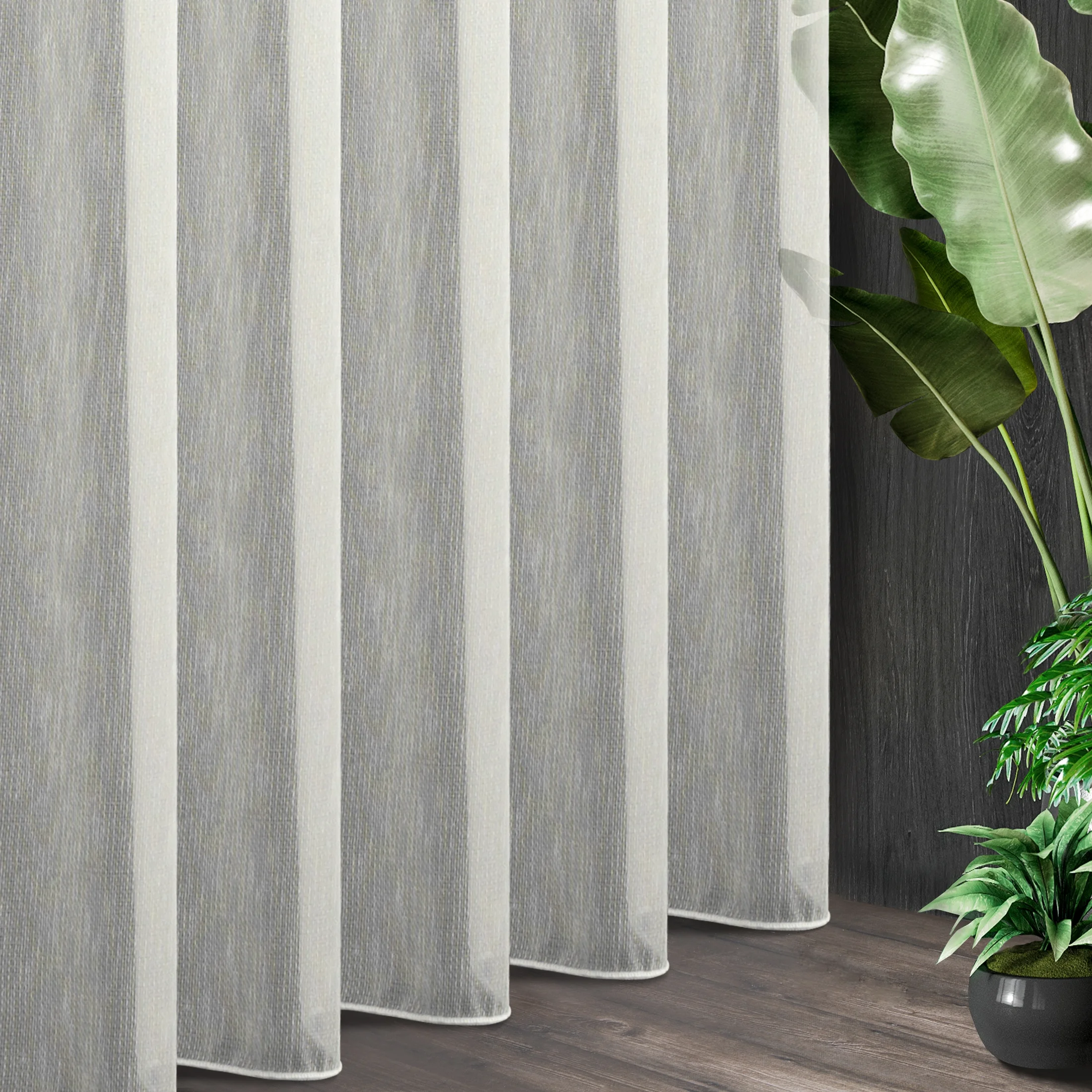 Tkanina firanowa gładka, matowa, uniwersalna baza, półprzezroczysta, o ozdobnym splocie, wykończona obciążnikiem