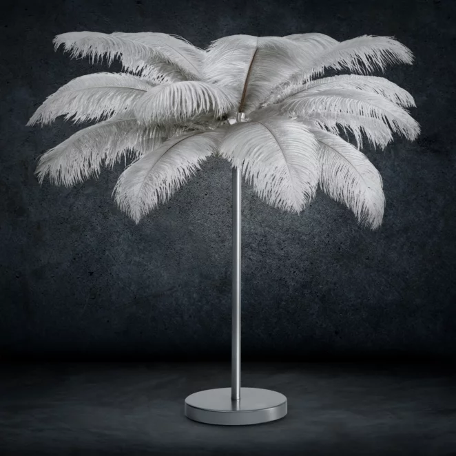 Lampa stojąca do salonu srebrna na metalowej podstawie z niezwykle efektownym abażurem z naturalnych strusich piór 65 x 65 x 68 cm FERI