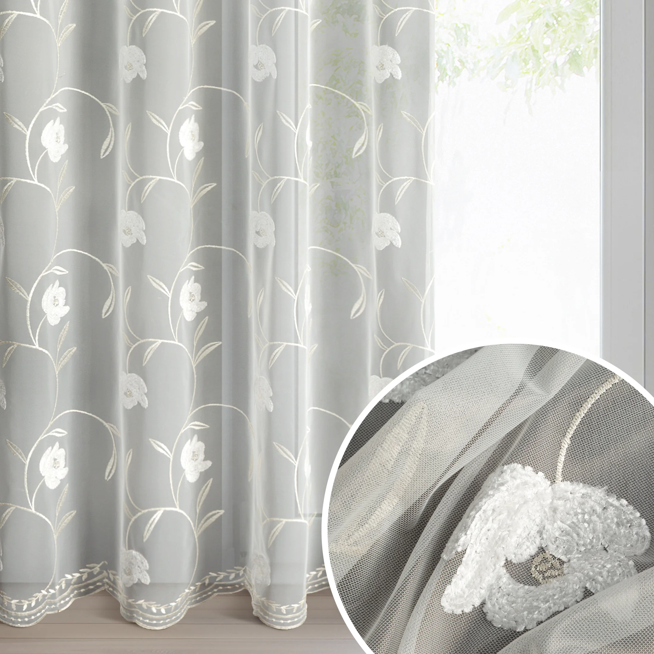 Firana kremowa z siateczki zdobiona haftem 140x250 cm przelotki - AMIRI | eurofirany