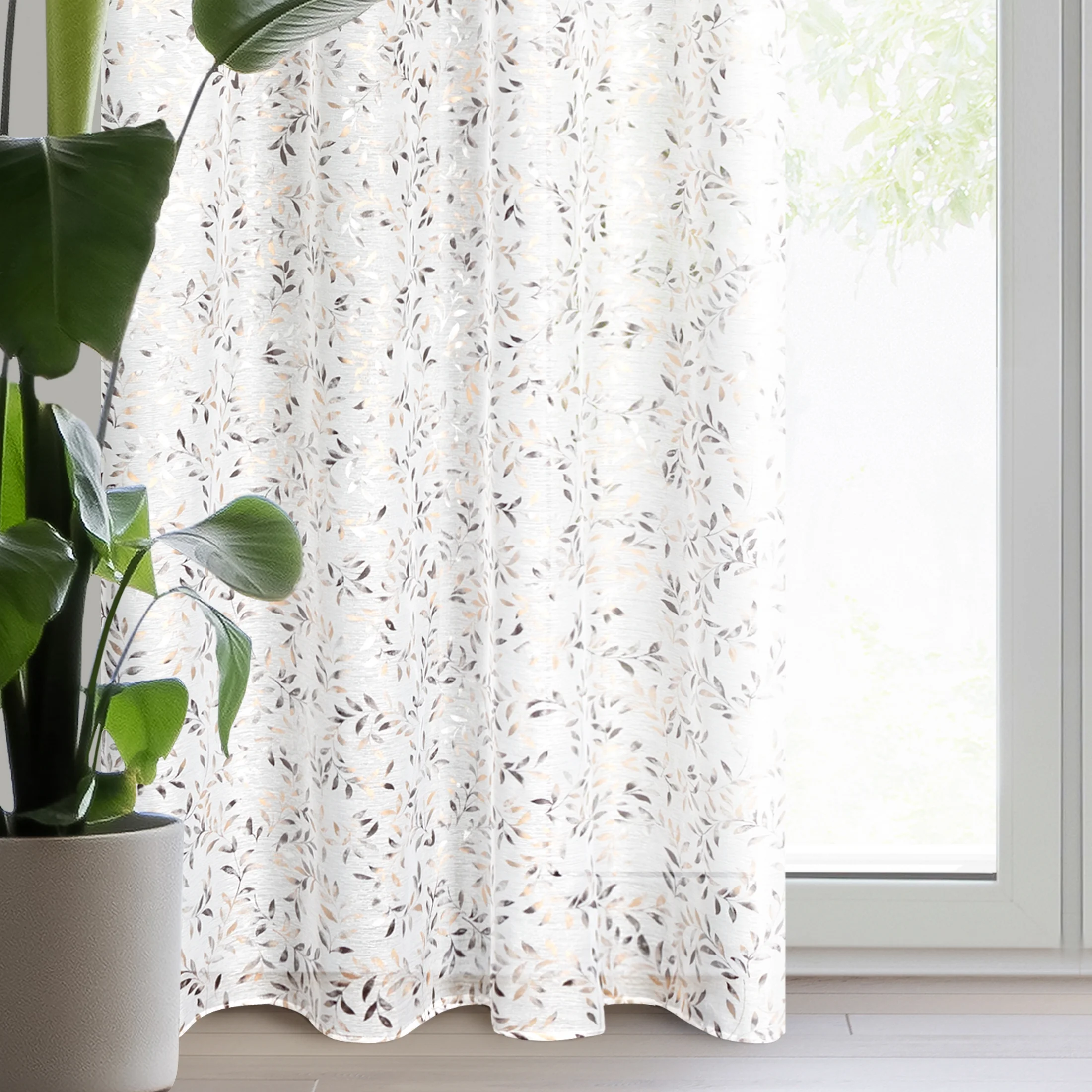 Dekoracja okienna biało, stalowa zdobiona nadrukiem liści i akcentami miedzianymi z etaminy 140x250 cm przelotka - TERRY | eurofirany