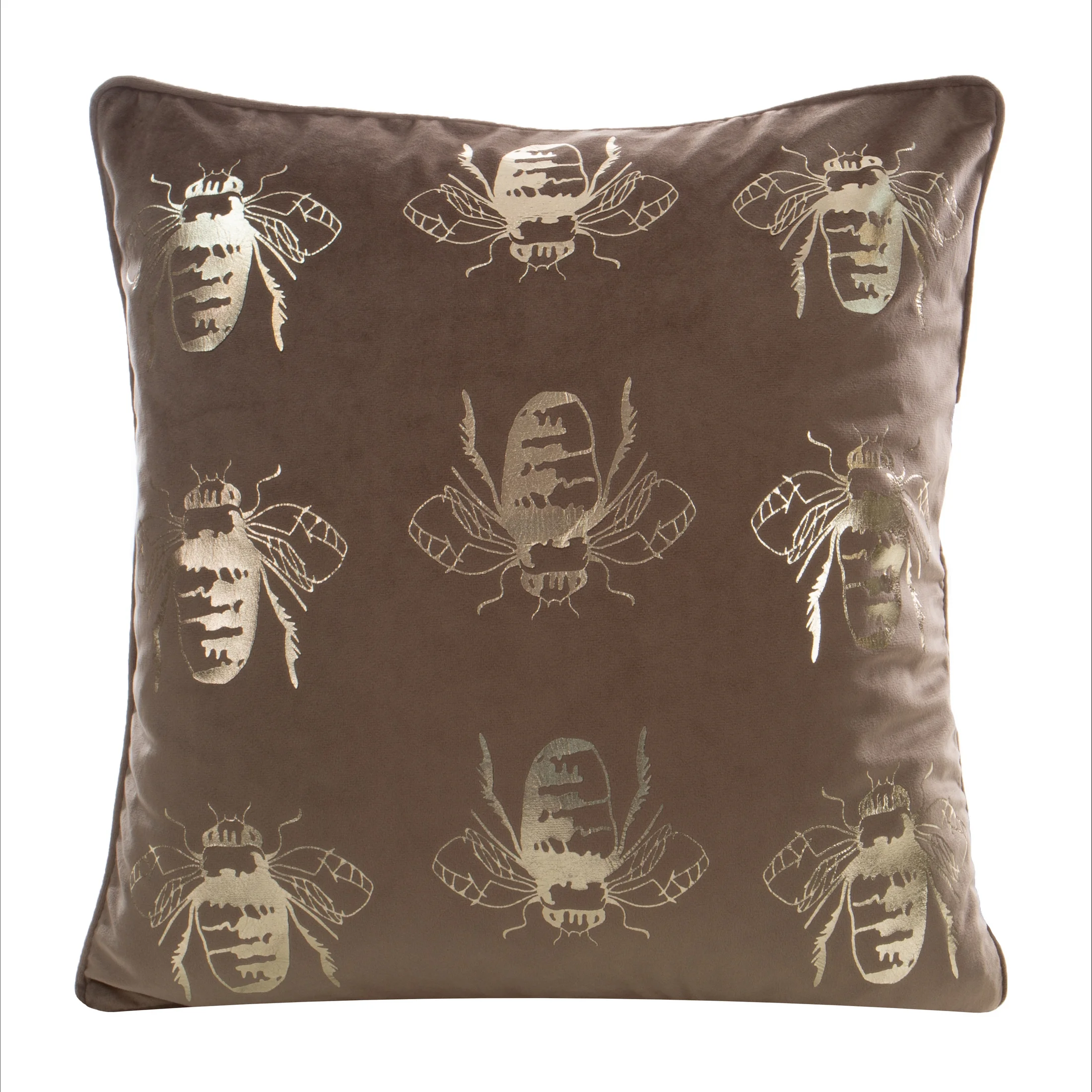 Poszewka na poduszkę 45x45 cm welwetowa, ciemnobeżowo złocista z motywem pszczół BILNK | eurofirany