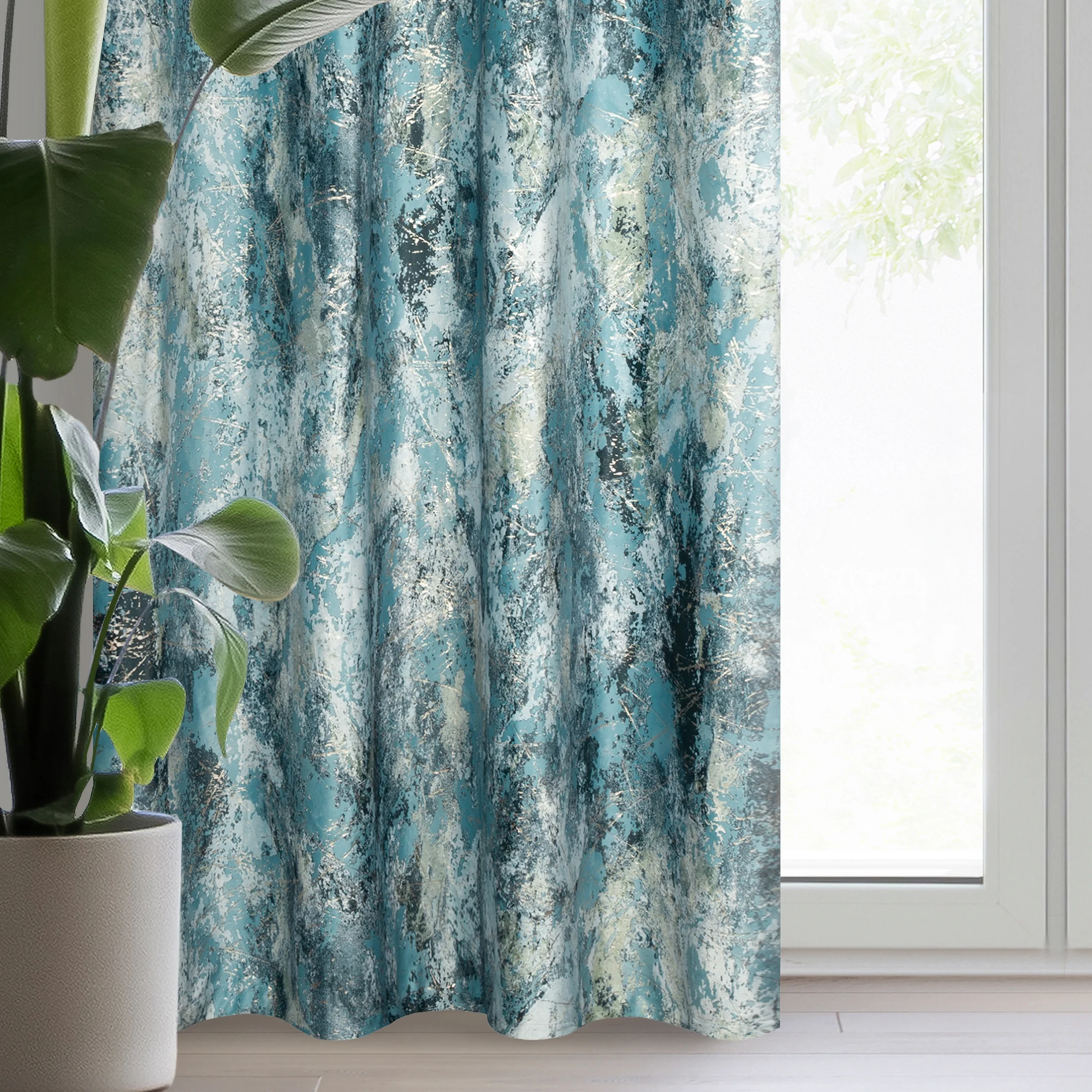 Zasłona welwetowa turkusowa z efektem błyszczącej przecierki 140x250 cm przelotka - MALIA | eurofirany