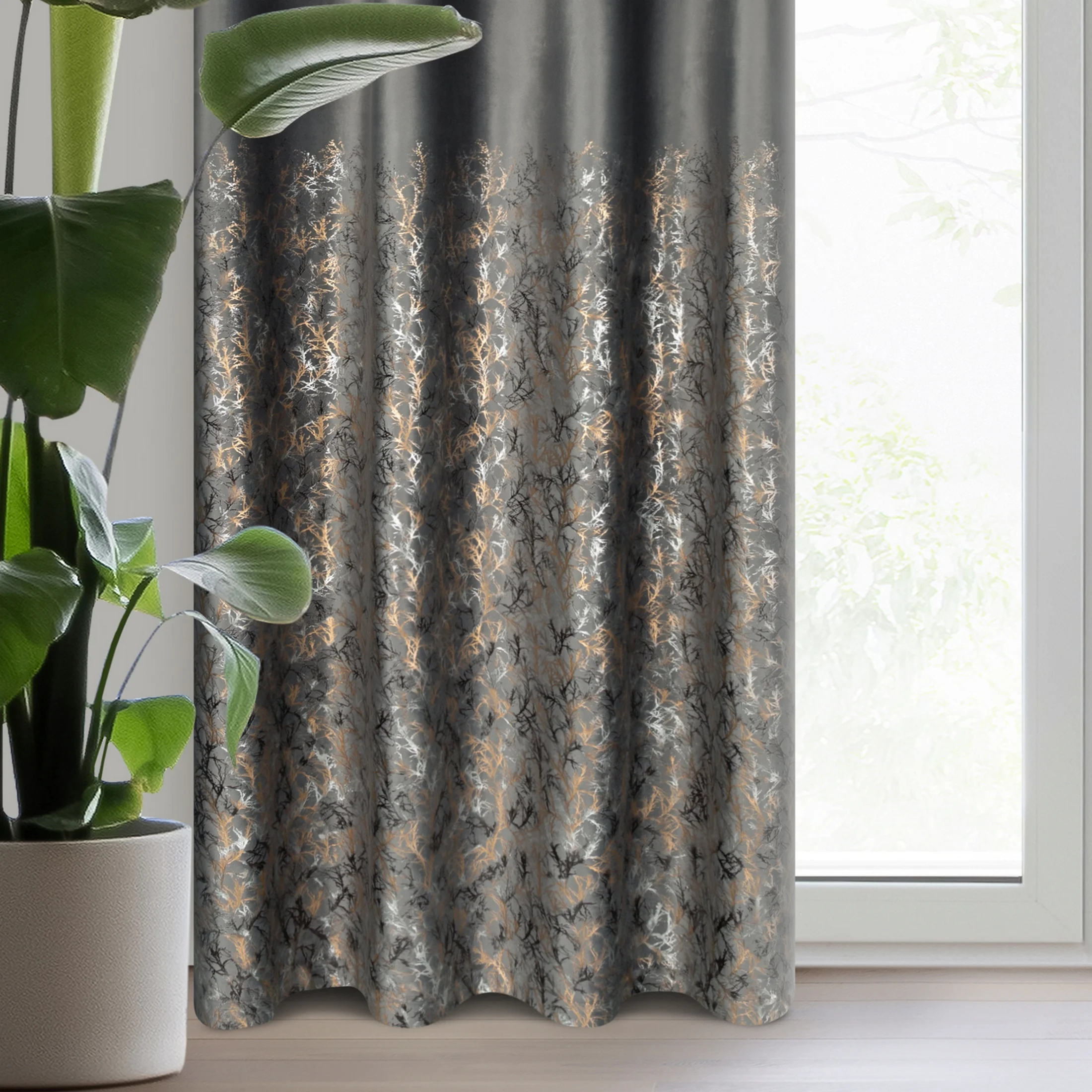 Zasłona welwetowa grafitowo, szampańska zdobiona błyszczącym nadrukiem 140x250 cm przelotka - TORI | eurofirany