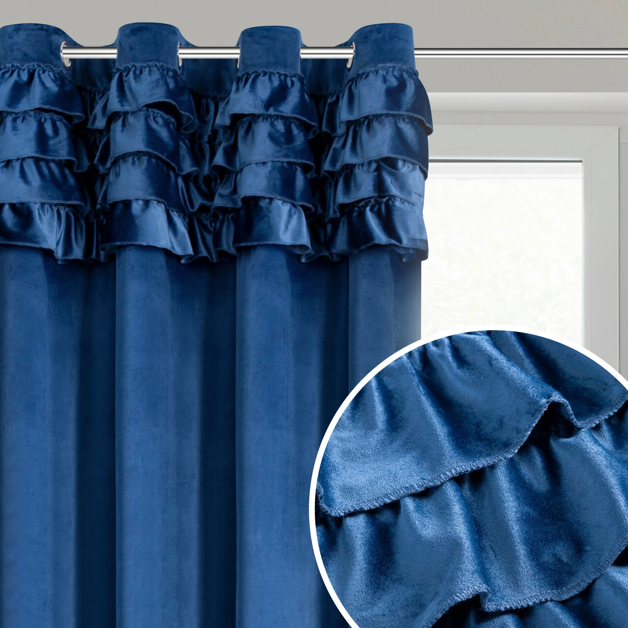 Zasłona welwetowa granatowa zdobiona falbanami 140x250 cm przelotka - ERIN | eurofirany