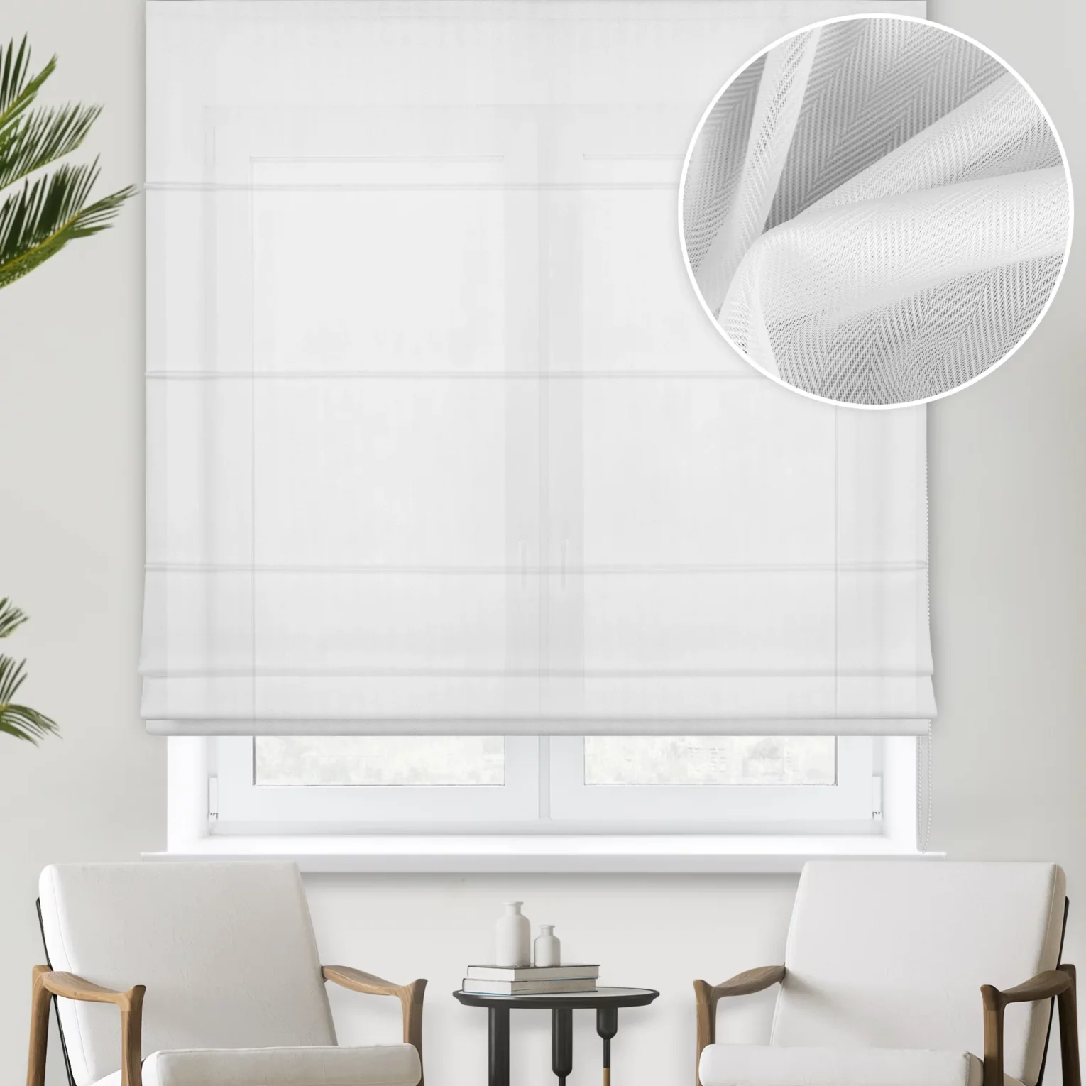 Roleta rzymska biała z matowej tkaniny o charakterystycznym jodełkowym wzorze,