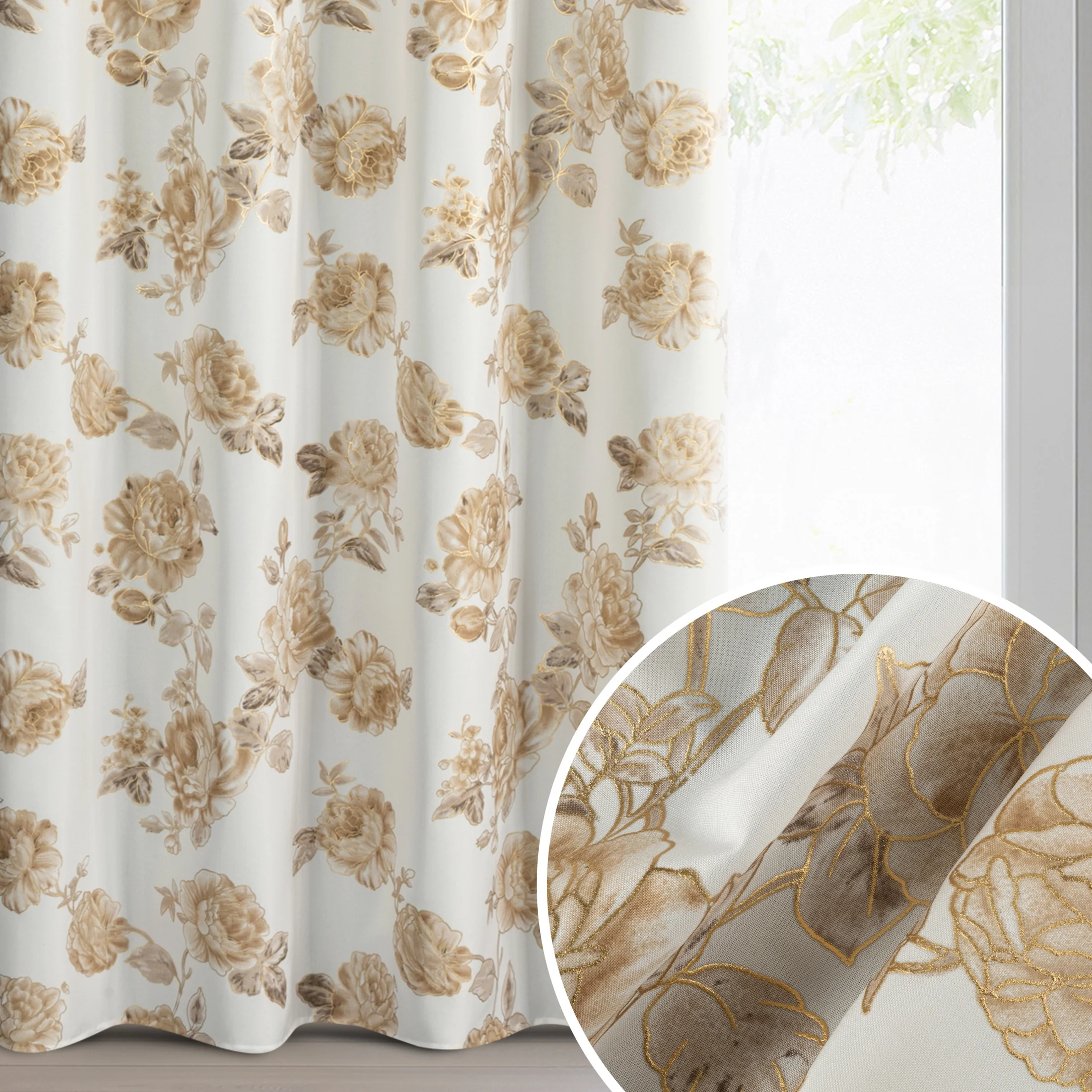 Zasłona biało beżowa zdobiona nadrukiem róż 140x250 cm złote przelotki - AVANI | eurofirany