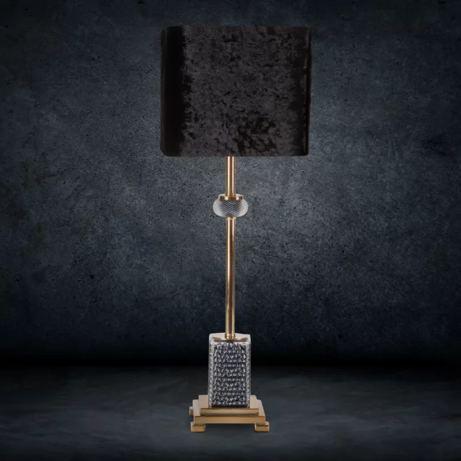 Lampa stołowa do salonu czarno, złota z podstawą z żywicy poliestrowej wykończona welwetowym abażurem 23 x 66 cm NELI