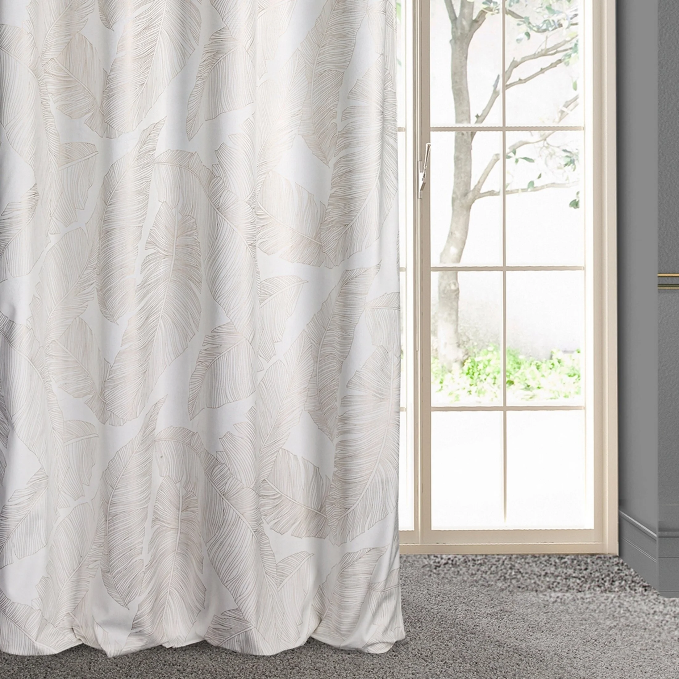 Zasłona biało, szampański ze wzorem liści z matowego welwetu 140x250 cm przelotka - LUNA 2 - Limited Collection | eurofirany