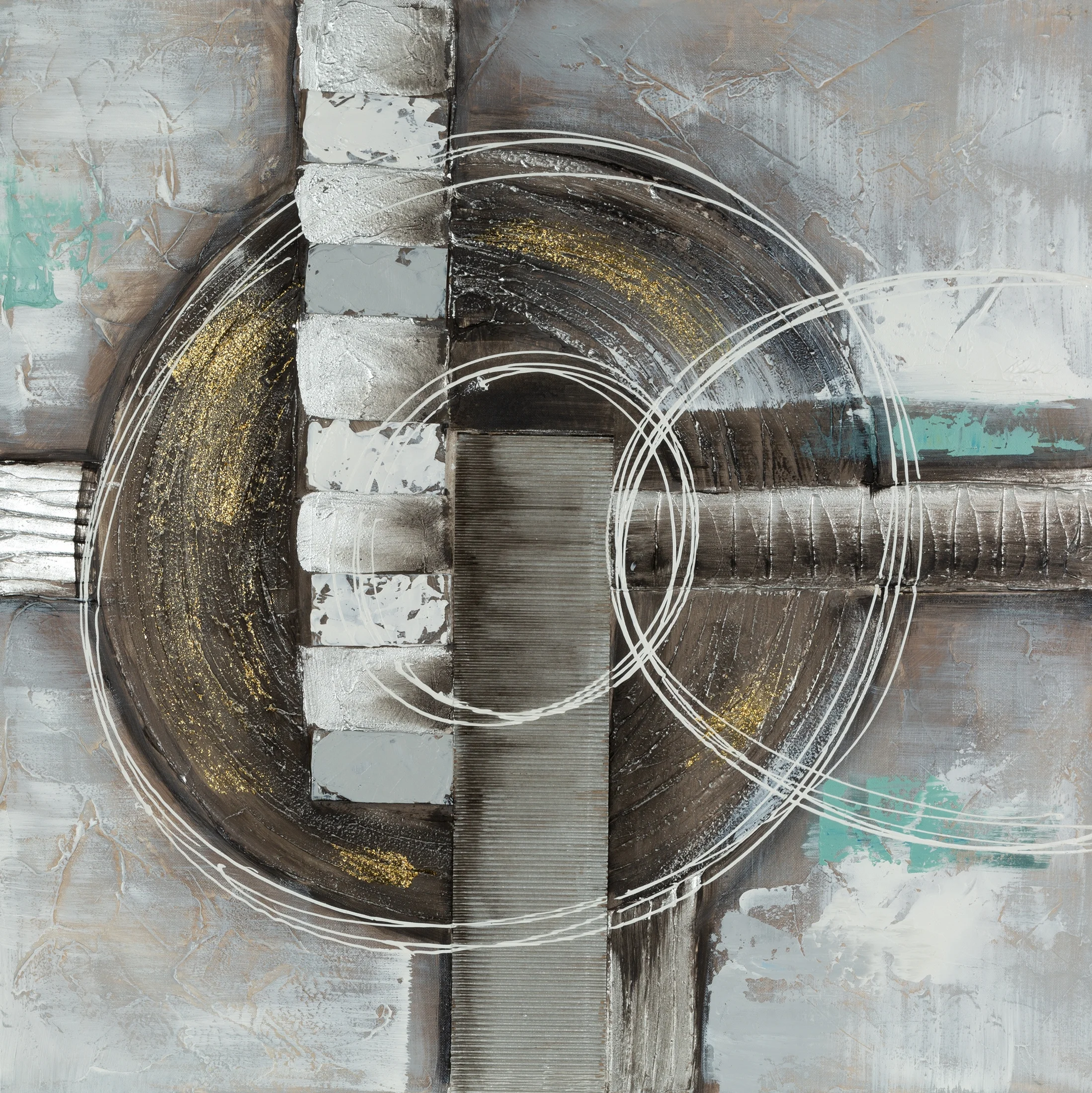 Obraz abstrakcja beżowo, turkusowy ręcznie malowany na płótnie 80x80 cm CIRCLE | eurofirany