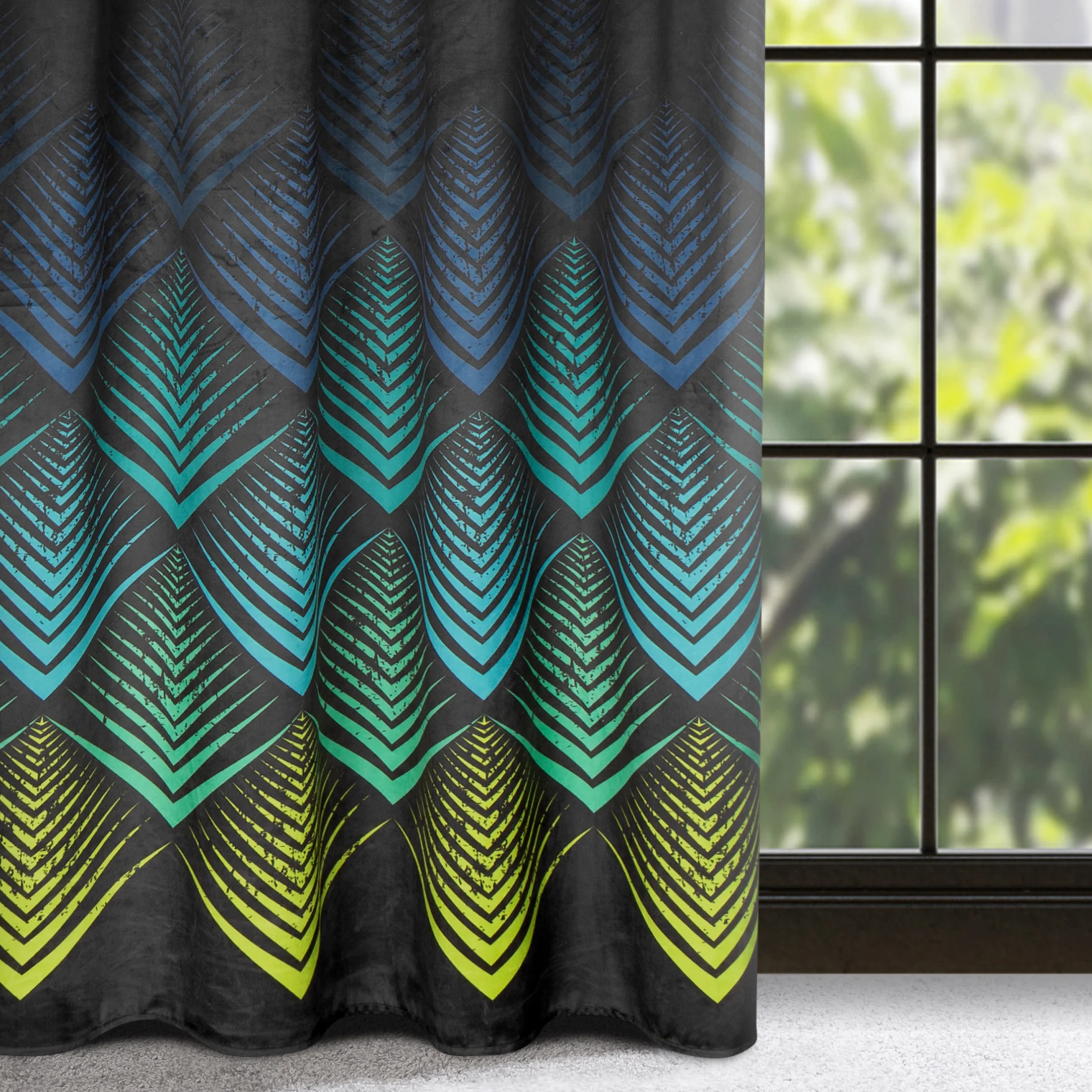 Zasłona welwetowa czarno, turkusowa z wzorem geometrycznym 140x270 cm taśma - ANGELINA |