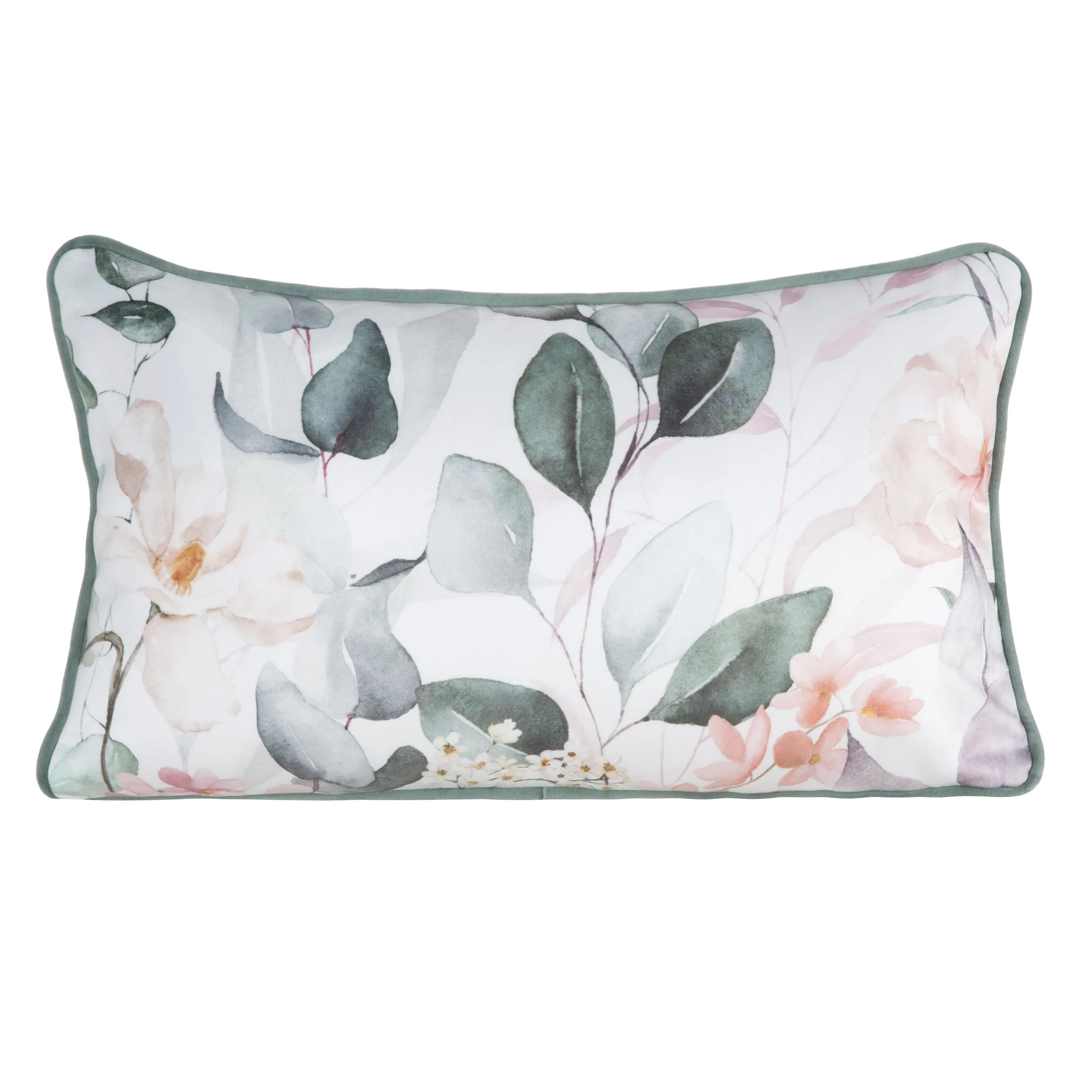 Poduszka 45 x 30 cm dwustronna welwetowa biało, zielona z motywem roślinnym z wypustką na brzegach JULIET EUROFIRANY PREMIUM