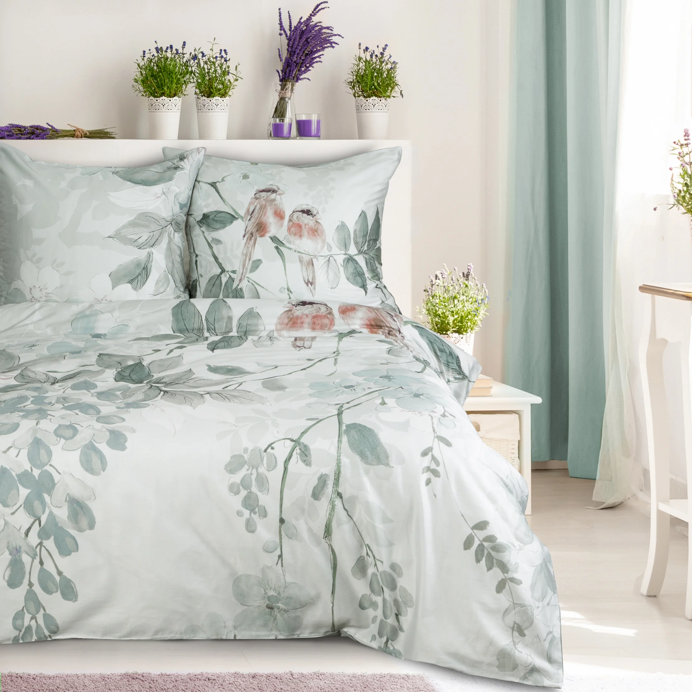 Pościel 220x200 cm bawełniana kolor jasnoszary, biały z motywem kwiatowym EVITA Eurofirany Premium | eurofirany