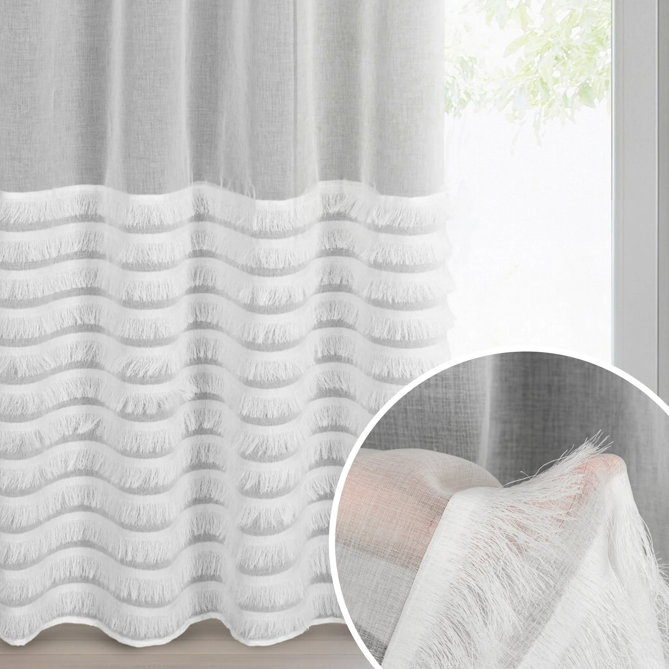 Firana naturalna z etaminy zdobiona w dolnej części pasami delikatnych frędzli 140x250 cm przelotka DANA 2 | eurofirany