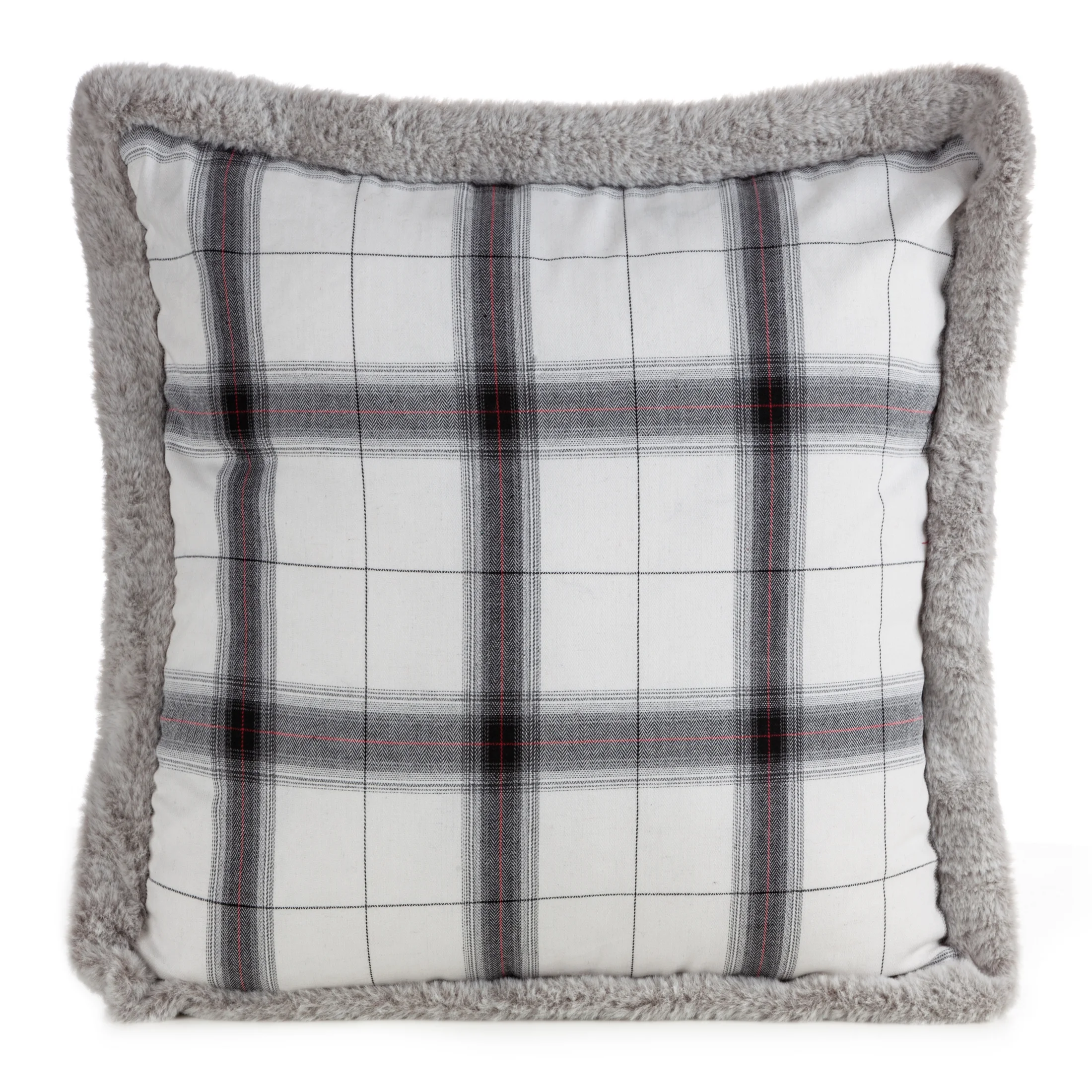 Poszewka na poduszkę 45x45 cm bawełniana, biało stalowa w kratkę z bokami obszytymi futerkiem | eurofirany