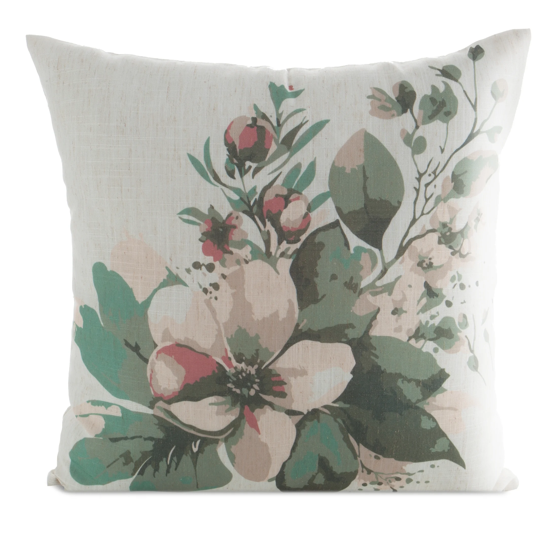 Poszewka na poduszkę 45x45 cm o strukturze lnu z nadrukiem subtelnych kwiatów biało, zielona LEN | eurofirany
