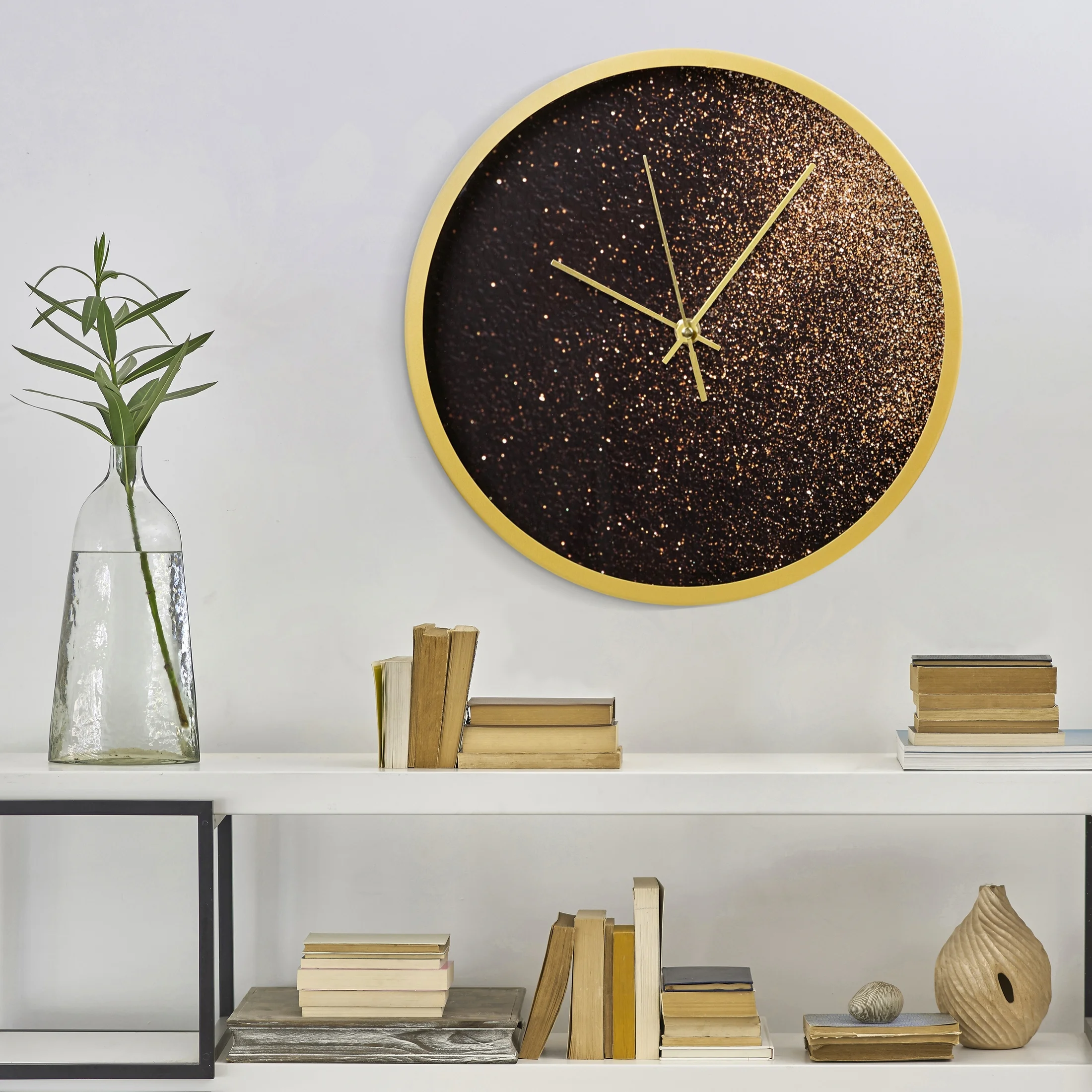 Zegar ścienny czarno-złoty w stylu nowoczesnym zdobiony brokatem średnica 78x6 cm