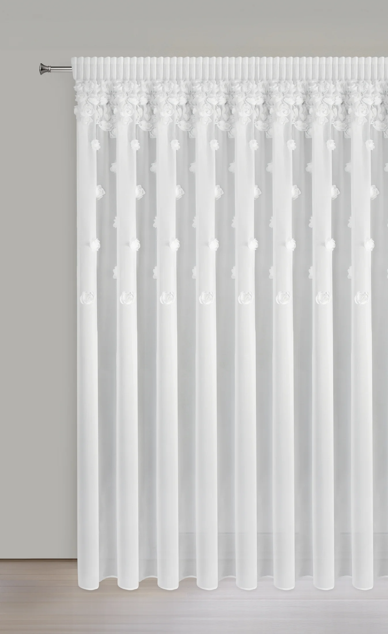 Firana biała z szyfonu zdobiona różami 3D 350x270 cm taśma - DIANA