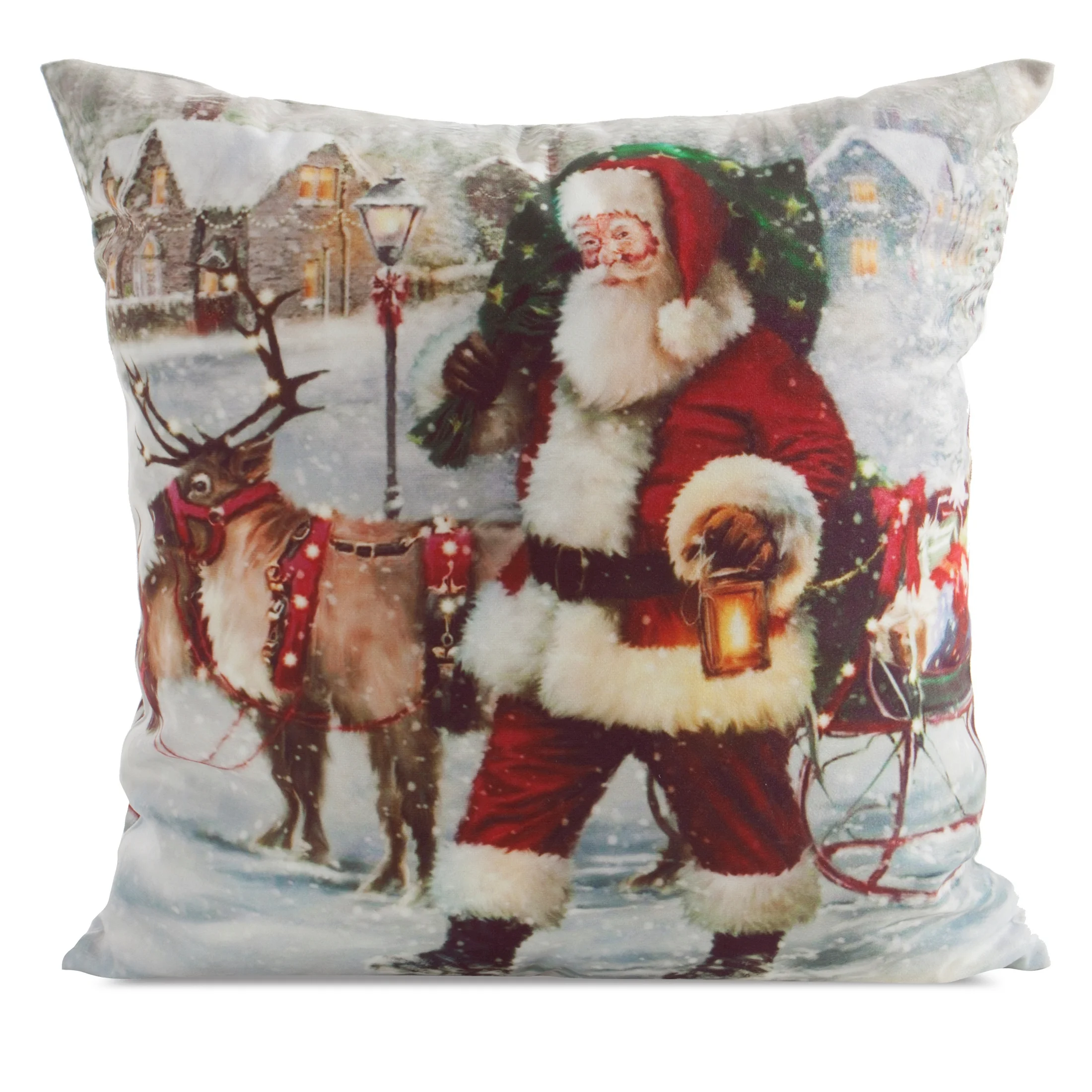 Poszewka na poduszkę 45x45 cm welwetowa czerwono, biała zdobiona świątecznym nadrukiem Mikołaja | eurofirany