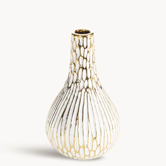 Wazon ceramiczny biało, złoty o ozdobnej fakturze 12x20 cm ANDREA