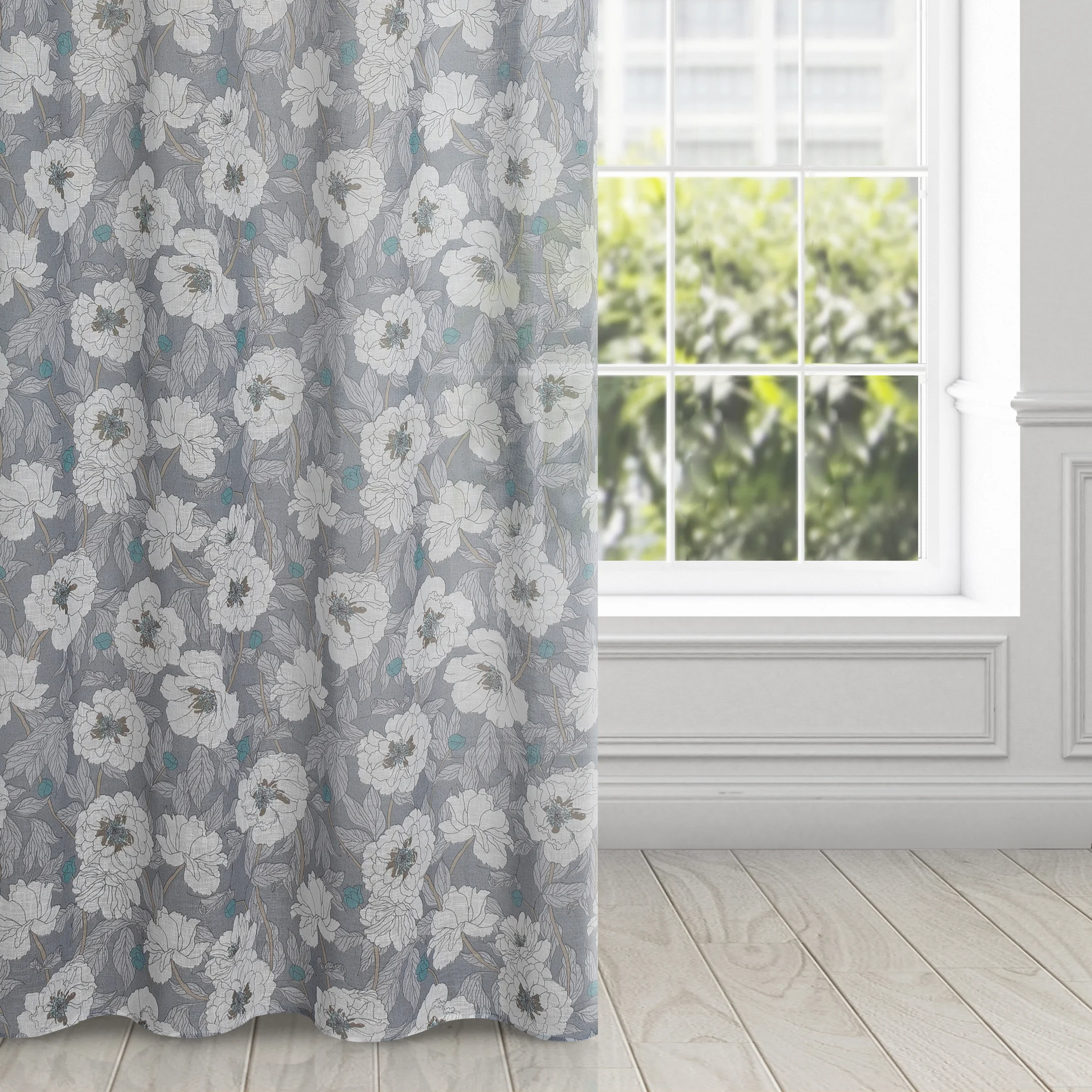 Zasłona popielato, biała w kwiaty o płóciennym splocie 140x250 przelotka - FABIA | eurofirany