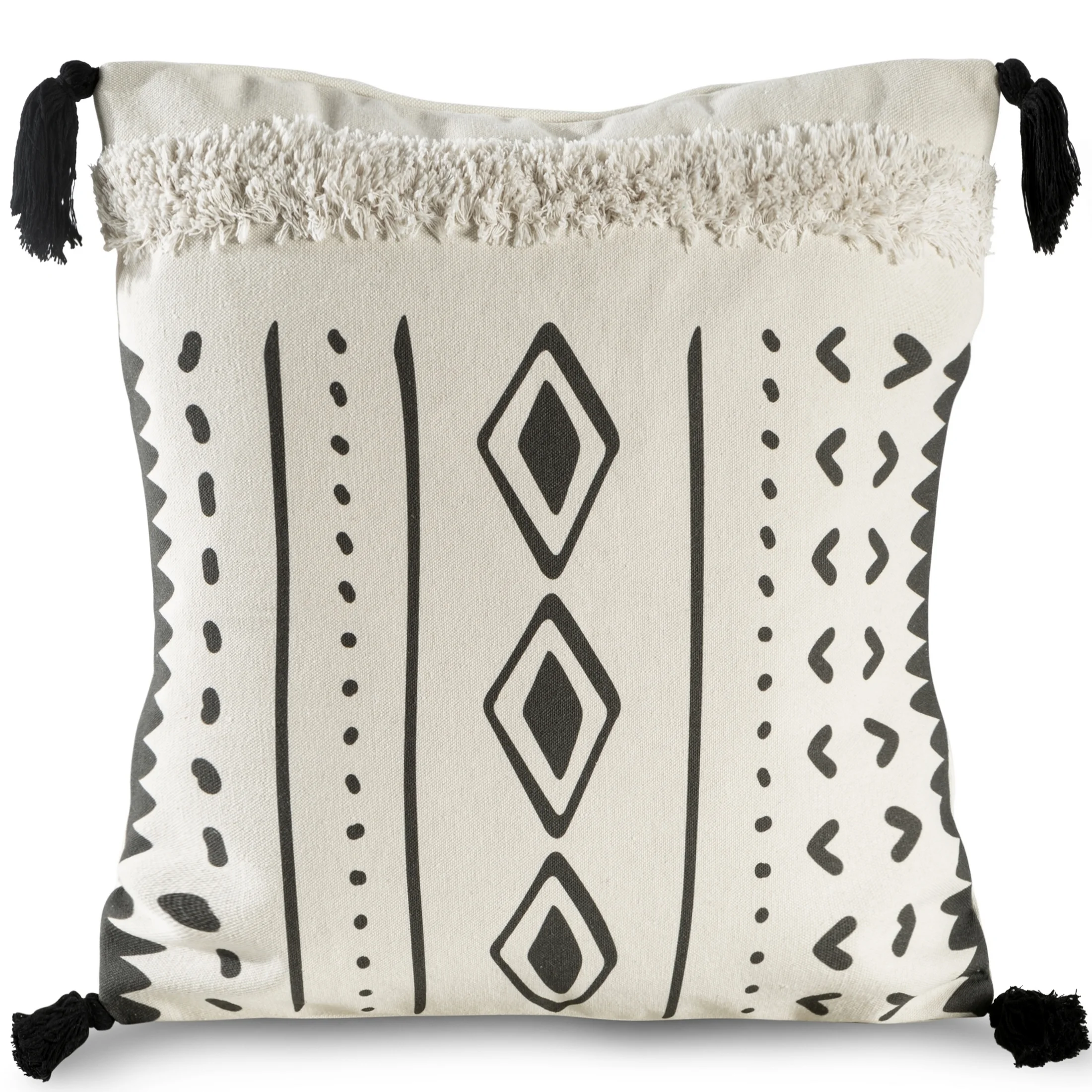 Poszewka na poduszkę 45x45 cm kremowo, stalowa z ozdobnymi pomponami z geometrycznym nadrukiem BOHO | eurofirany