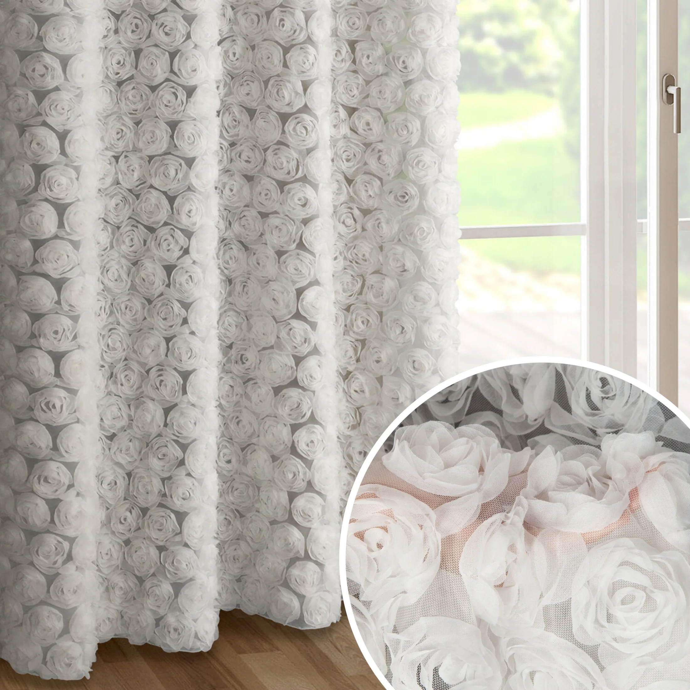 Zasłona biała z siateczki zdobiona różami 3D 140x250 cm przelotka - ROSES1 Eva Minge | eurofirany