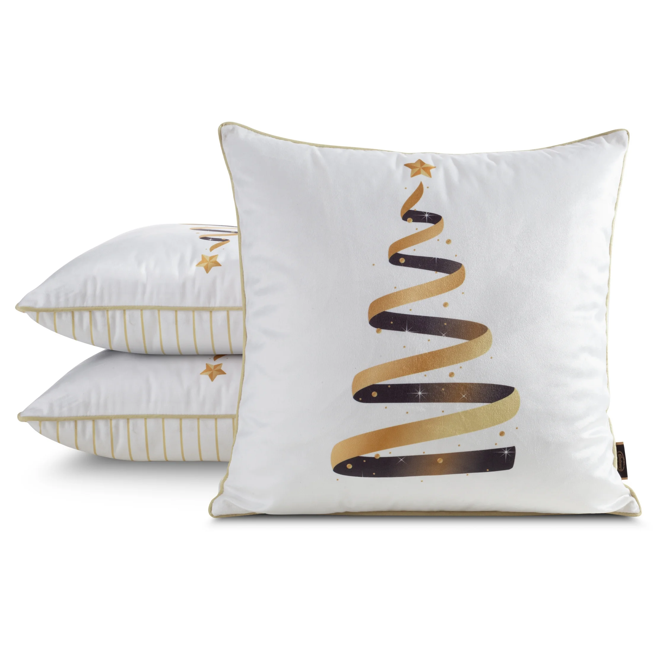 Poszewka na poduszkę świąteczna 45x45 cm welwetowa biało, złota zdobiona nadrukiem i ozdobną wypustką | eurofirany