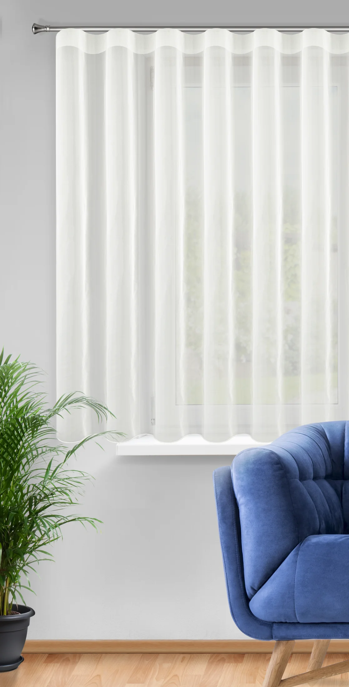 Firana kremowa z gładkiego mlecznego woalu wykończona szwem obciążającym VIOLET 150x180 cm fala 1:2