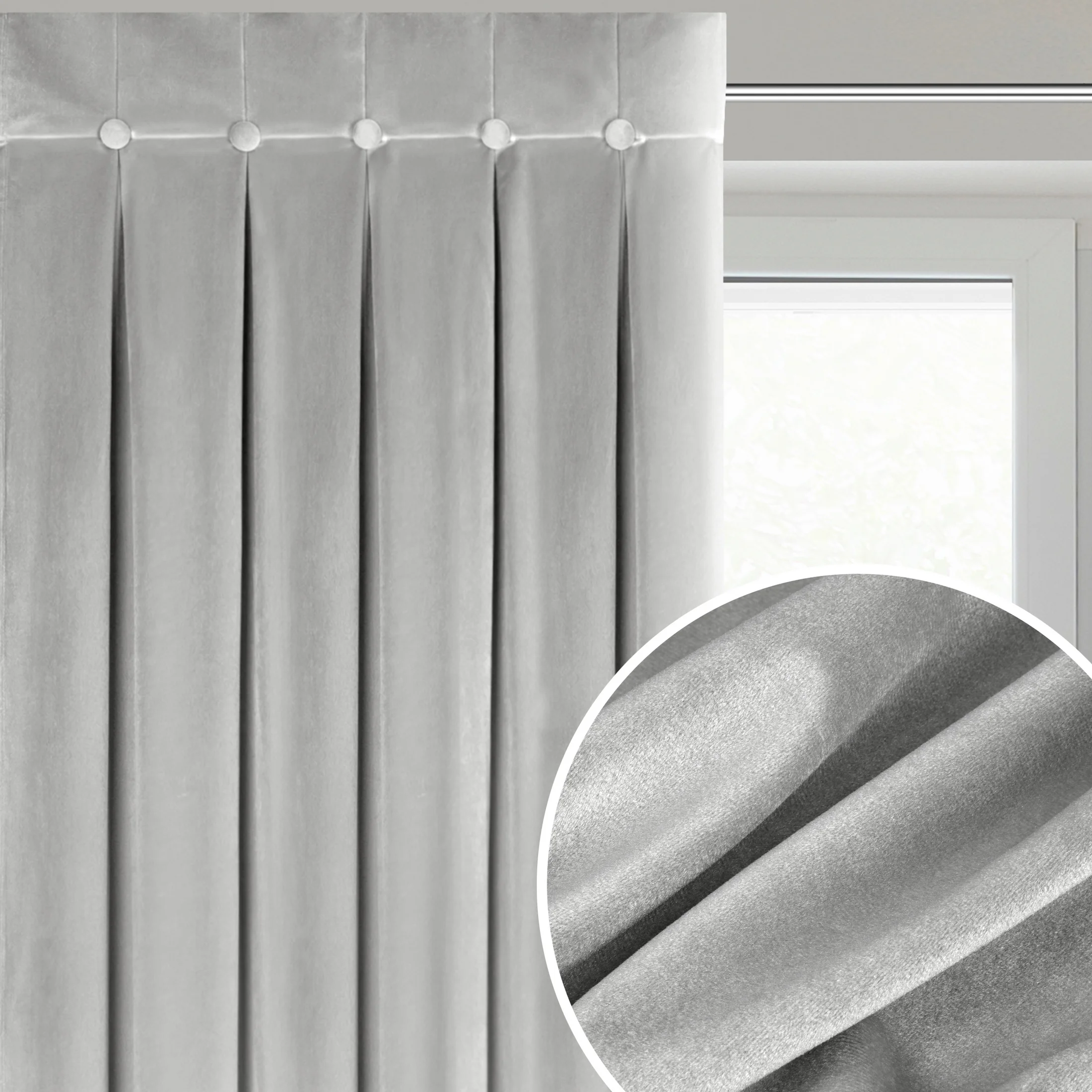 Zasłona srebrna z welwetowej tkaniny zdobiona głębokimi fałdami i guzikami 85x250 cm (wymiar podany na gotowo) szelki - ALITA | eurofirany