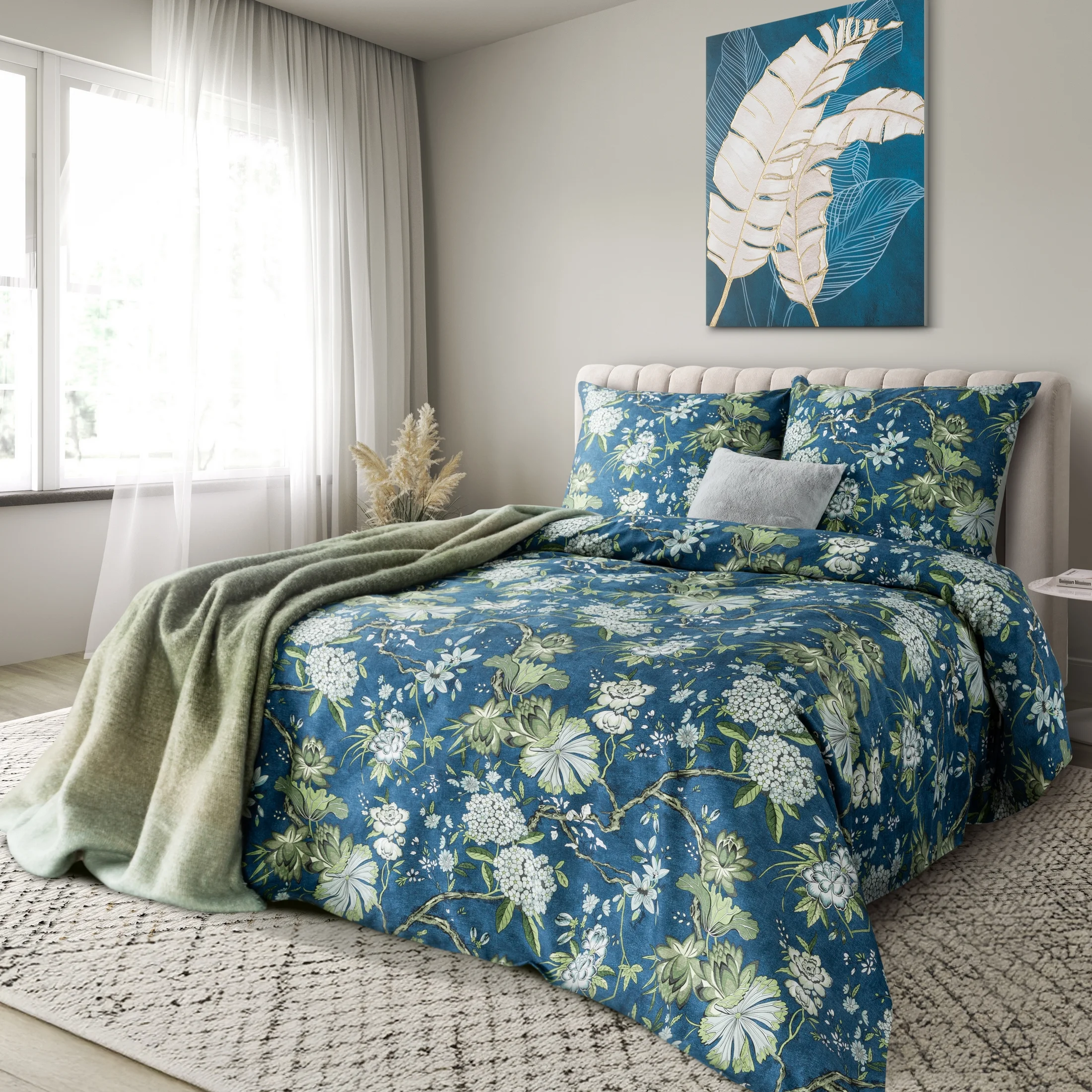 Pościel 140x200 cm z satyny bawełnianej kolor niebieski, jasno miętowy z motywem kwiatów SPRING 68 | eurofirany