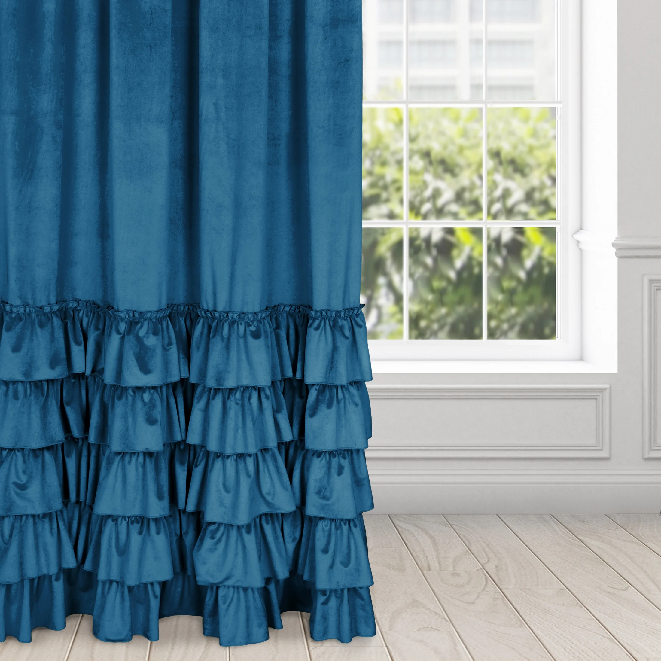 Zasłona welwetowa granatowa zdobiona falbanami 140x250 cm taśma - CHARLOTTE | eurofirany