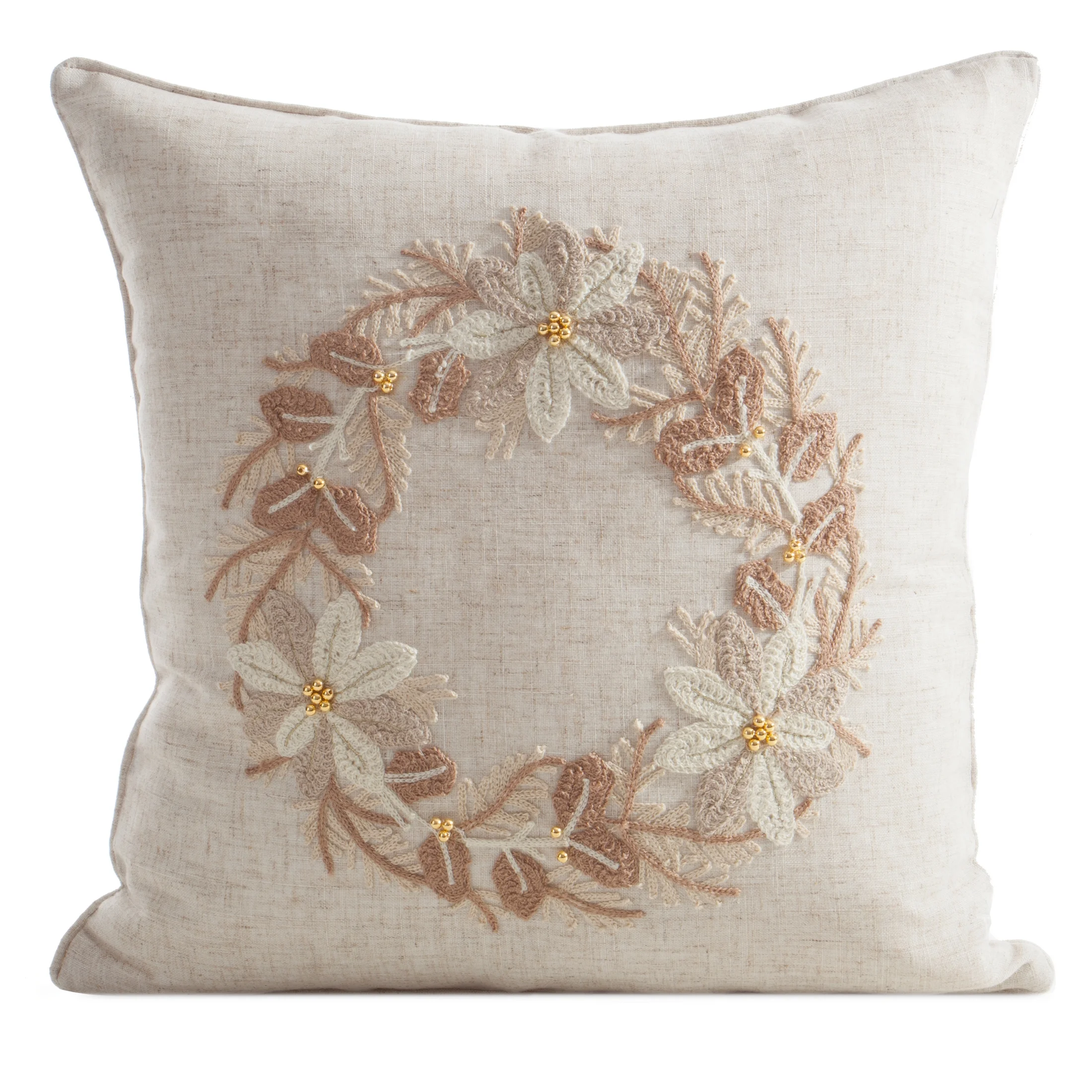 Poszewka na poduszkę świąteczna 45x45 cm o strukturze lnu beżowa zdobiona aplikacją | eurofirany