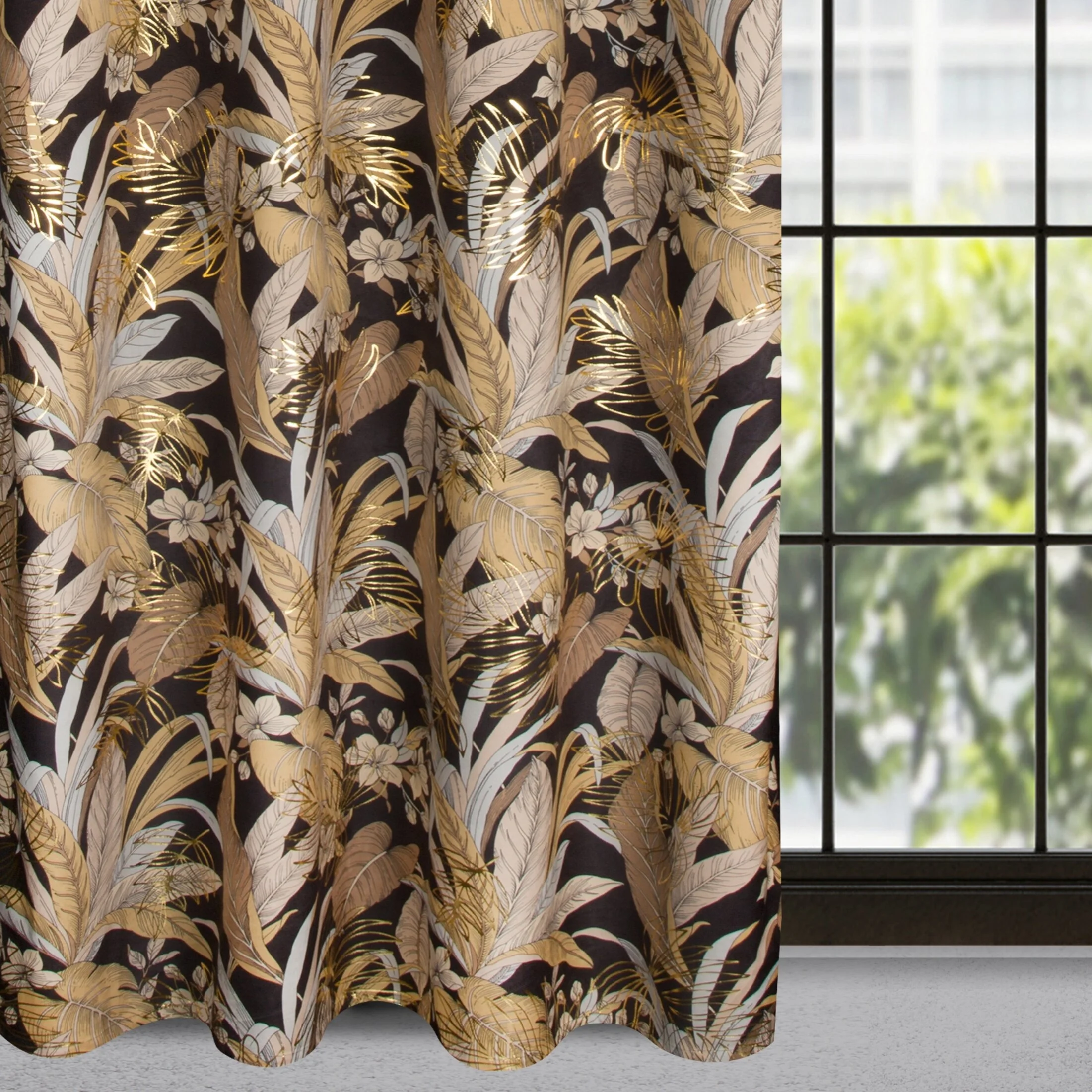 Zasłona czarno, złota z wzorem egzotycznych liści z welwetu 140x250 cm przelotka - ADEL | eurofirany