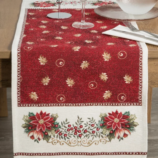 Bieżnik na stół czerwono, beżowy 40x100 cm gobelinowy zdobiony wzorem świątecznym