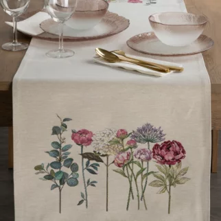 Bieżnik na stół naturalno, ciemnoróżowy 45x140 cm gobelinowy z nadrukiem letnich kwiatów