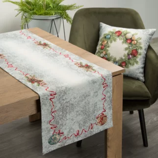 Bieżnik na stół popielato, czerwony 40x100 cm gobelinowy z motywem świątecznym